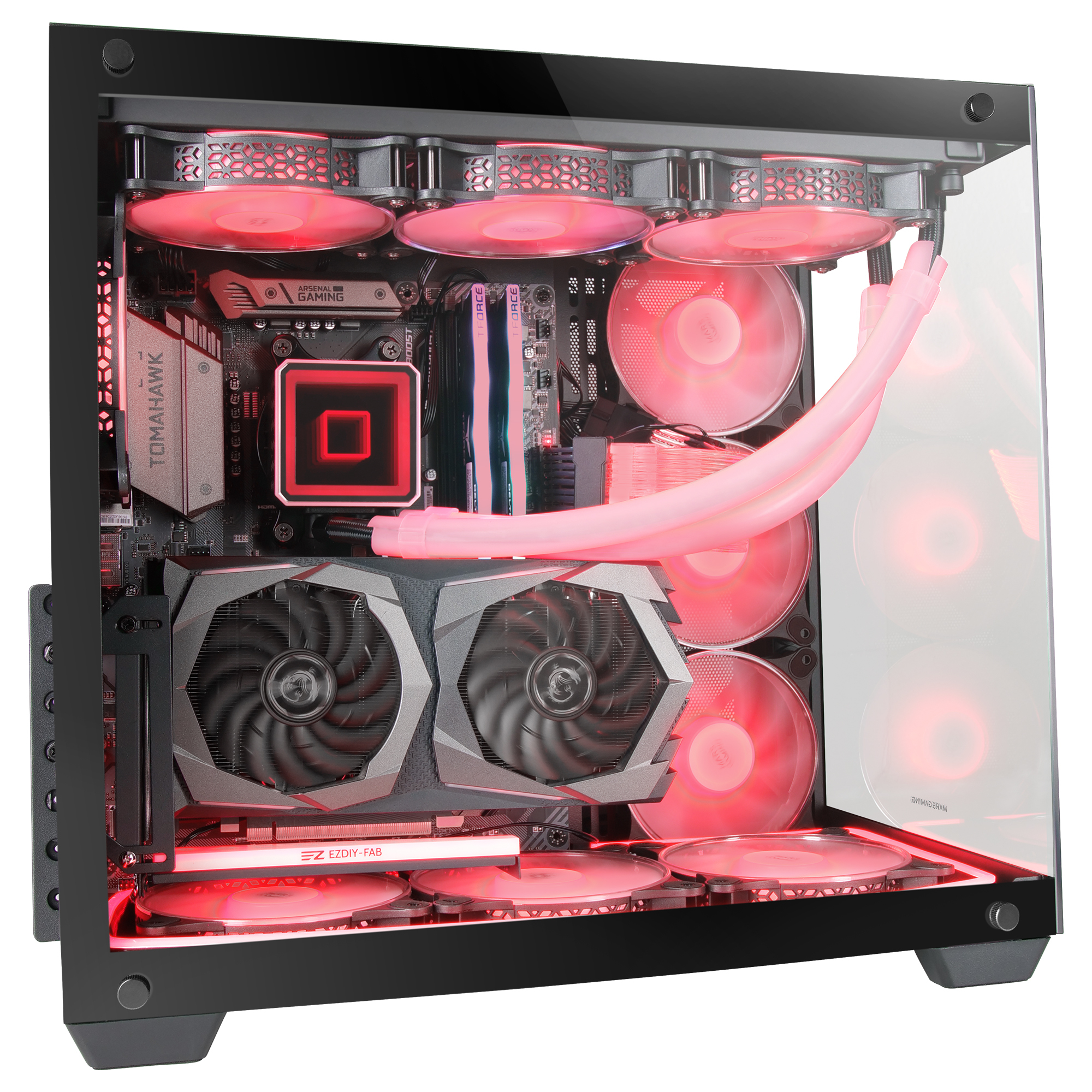Case per computer con luci rosse, ventole e componenti interni.