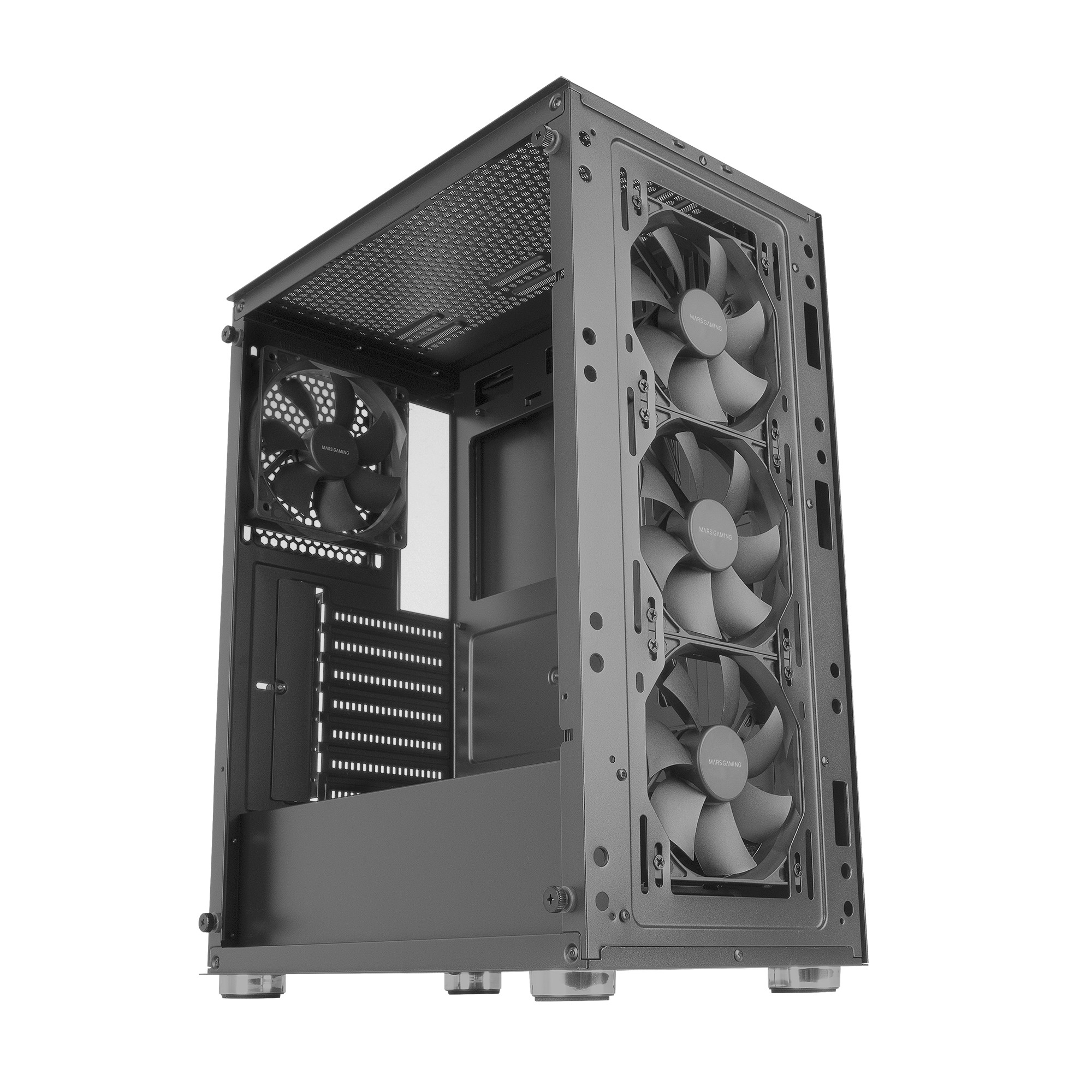 Wnętrze obudowy komputera z trzema wentylatorami, puste i gotowe na podzespoły.