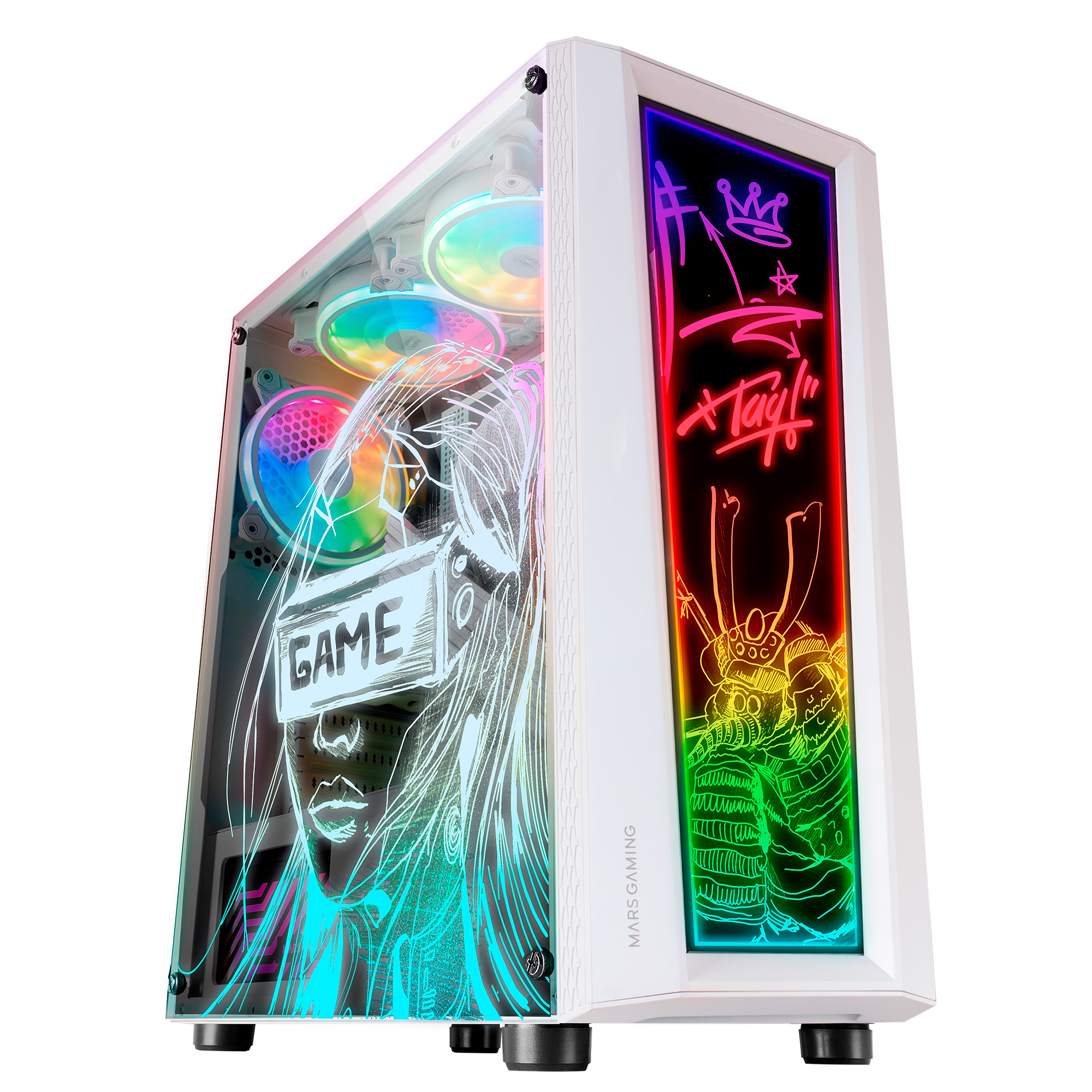 Weißes Computergehäuse mit farbenfrohen Kunstwerken. Seitenteil aus Glas. RGB-Lüfter sichtbar. Text und Grafiken vorhanden.