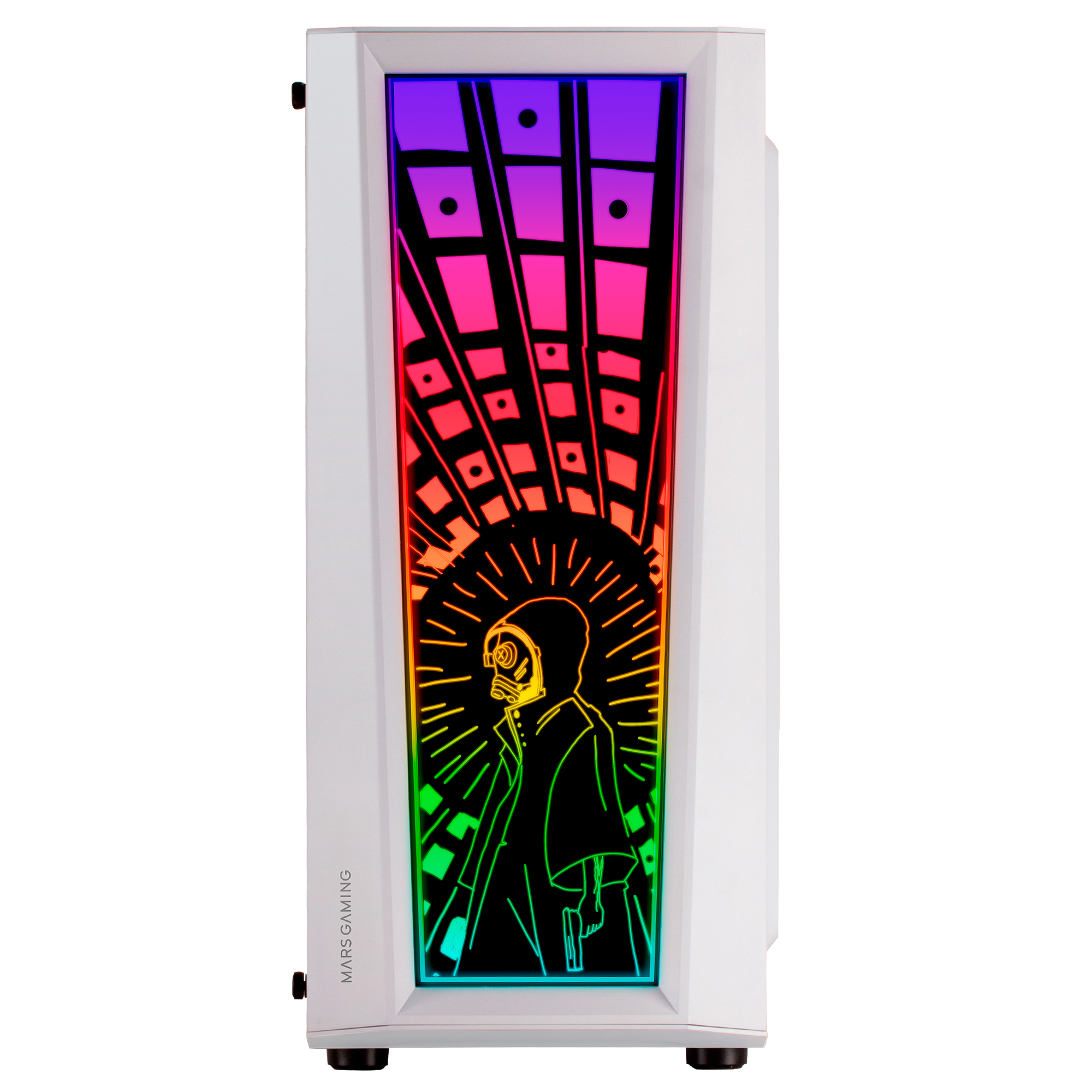 Weißes Computergehäuse mit einer farbenfrohen Grafik einer Person mit Gasmaske. Die Front hat RGB-Beleuchtung.