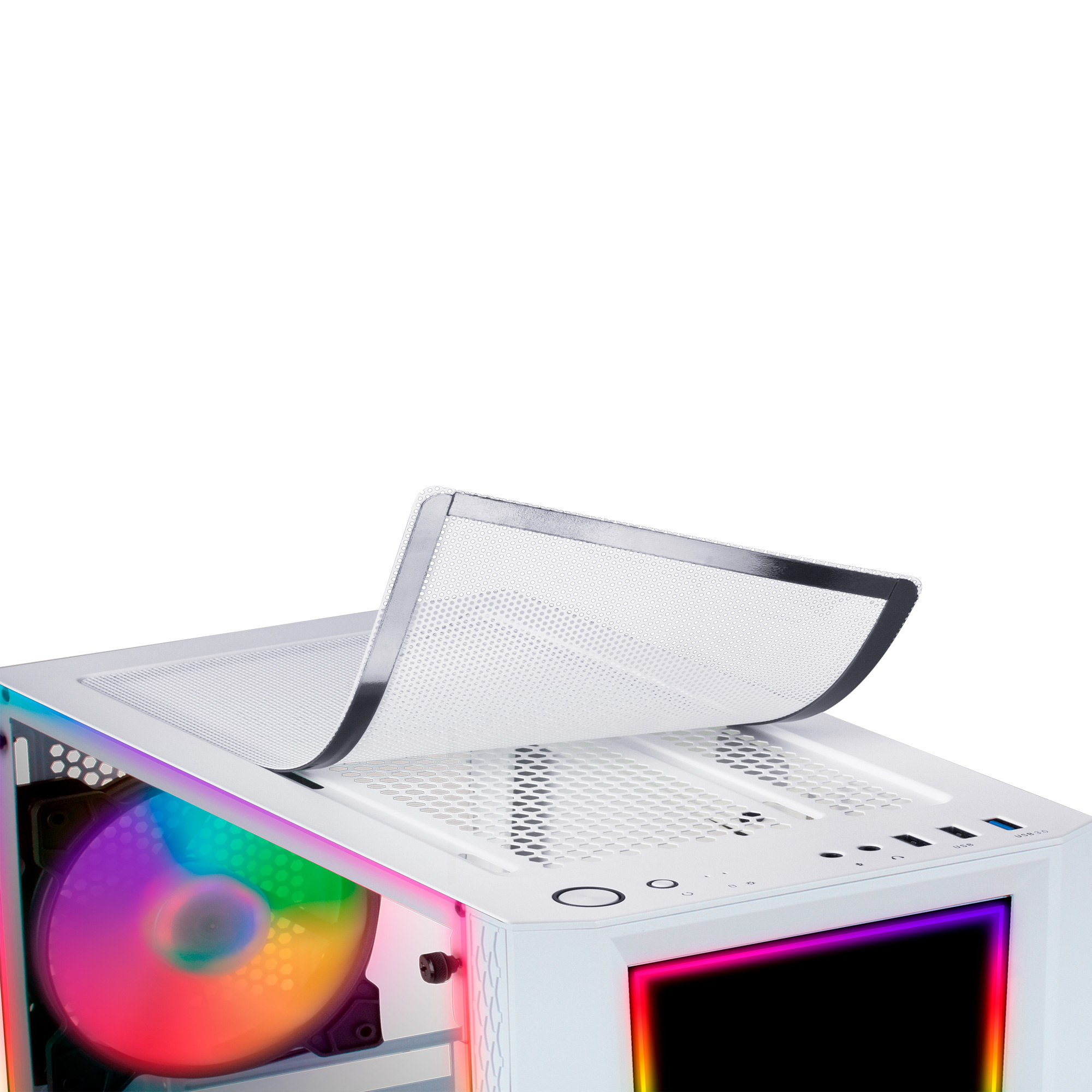 Weißes PC-Gehäuse mit RGB-Beleuchtung, Mesh-Filter teilweise entfernt, Lüfter sichtbar.