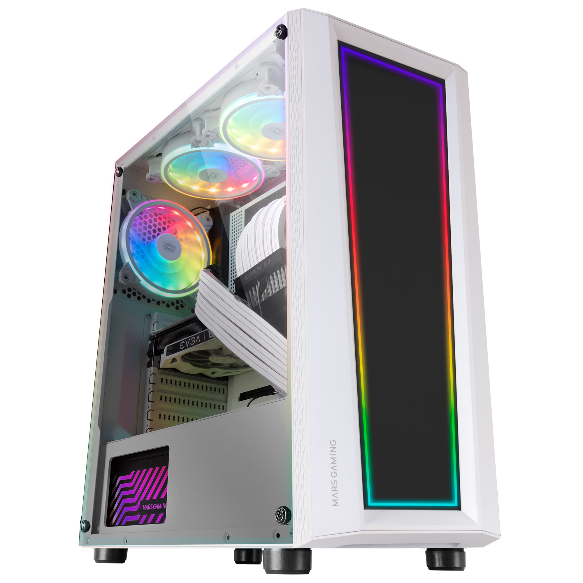 Weißes PC-Gehäuse mit Glasseite, beleuchteten Lüftern und RGB-Beleuchtung mit MARS GAMING.