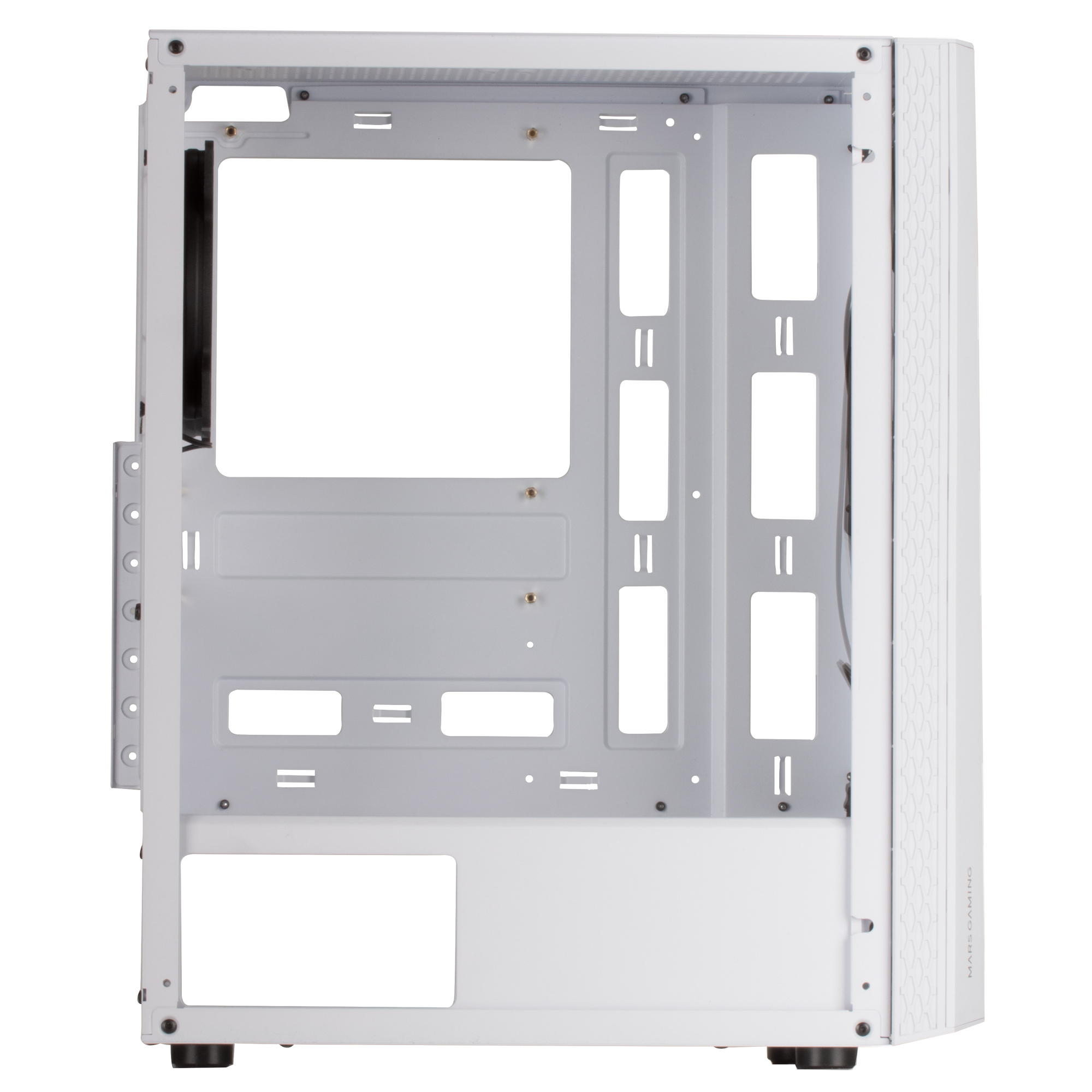 Innenraum eines weißen PC-Gehäuses, Innenstruktur und Befestigungspunkte sichtbar. Sauberes Design.