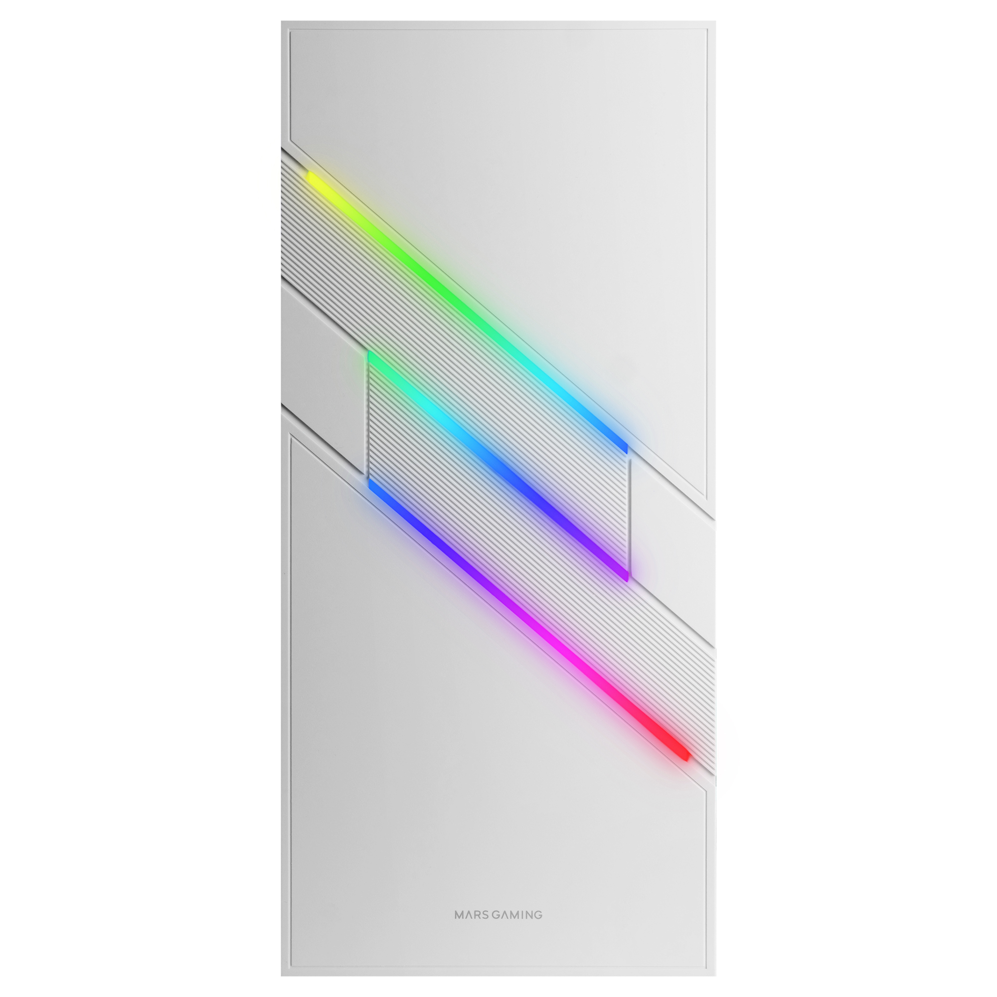 Pannello frontale del case PC bianco con luci RGB, logo MARS GAMING e linee diagonali.