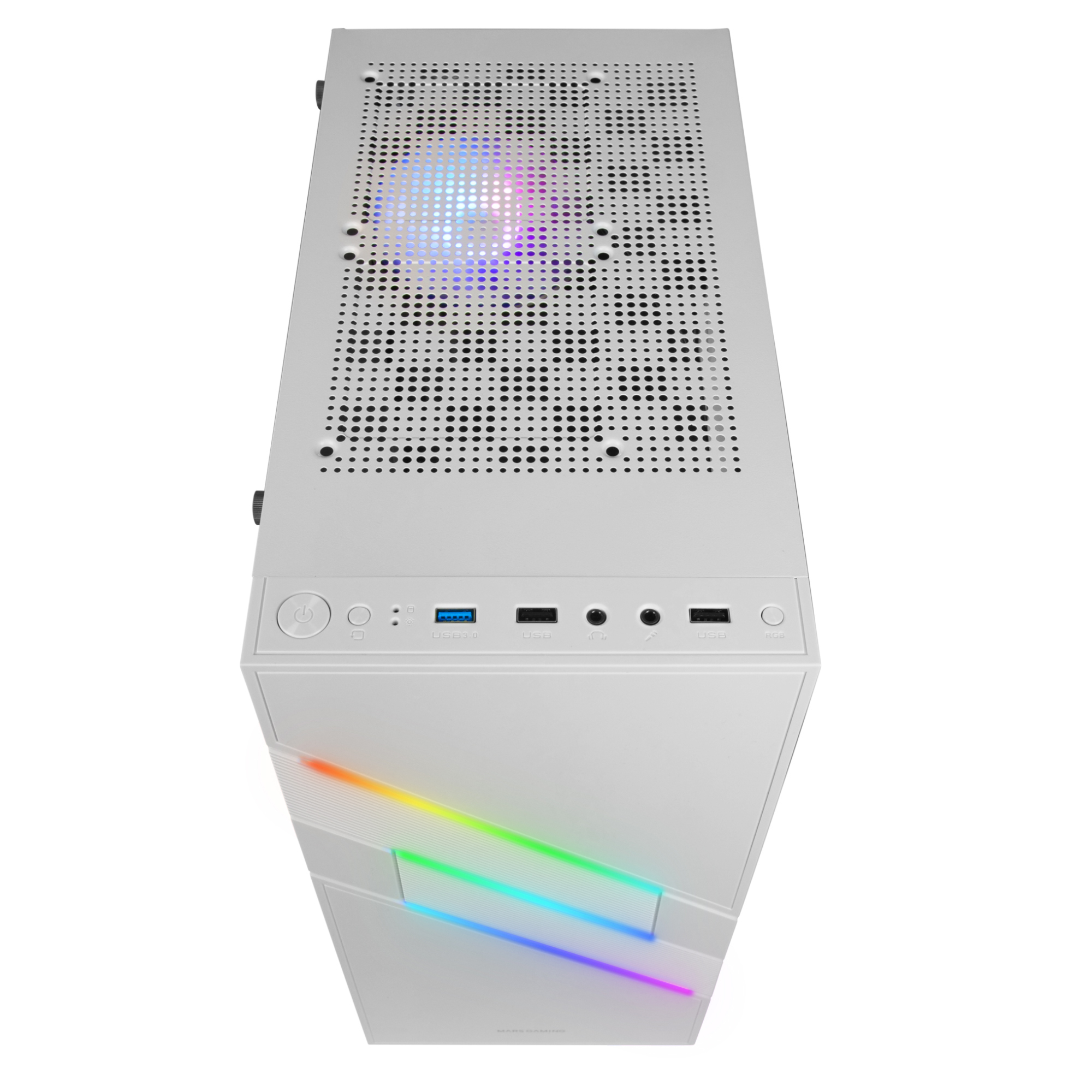 Case PC bianco dall'alto con controlli sul pannello superiore e illuminazione RGB. Design moderno.