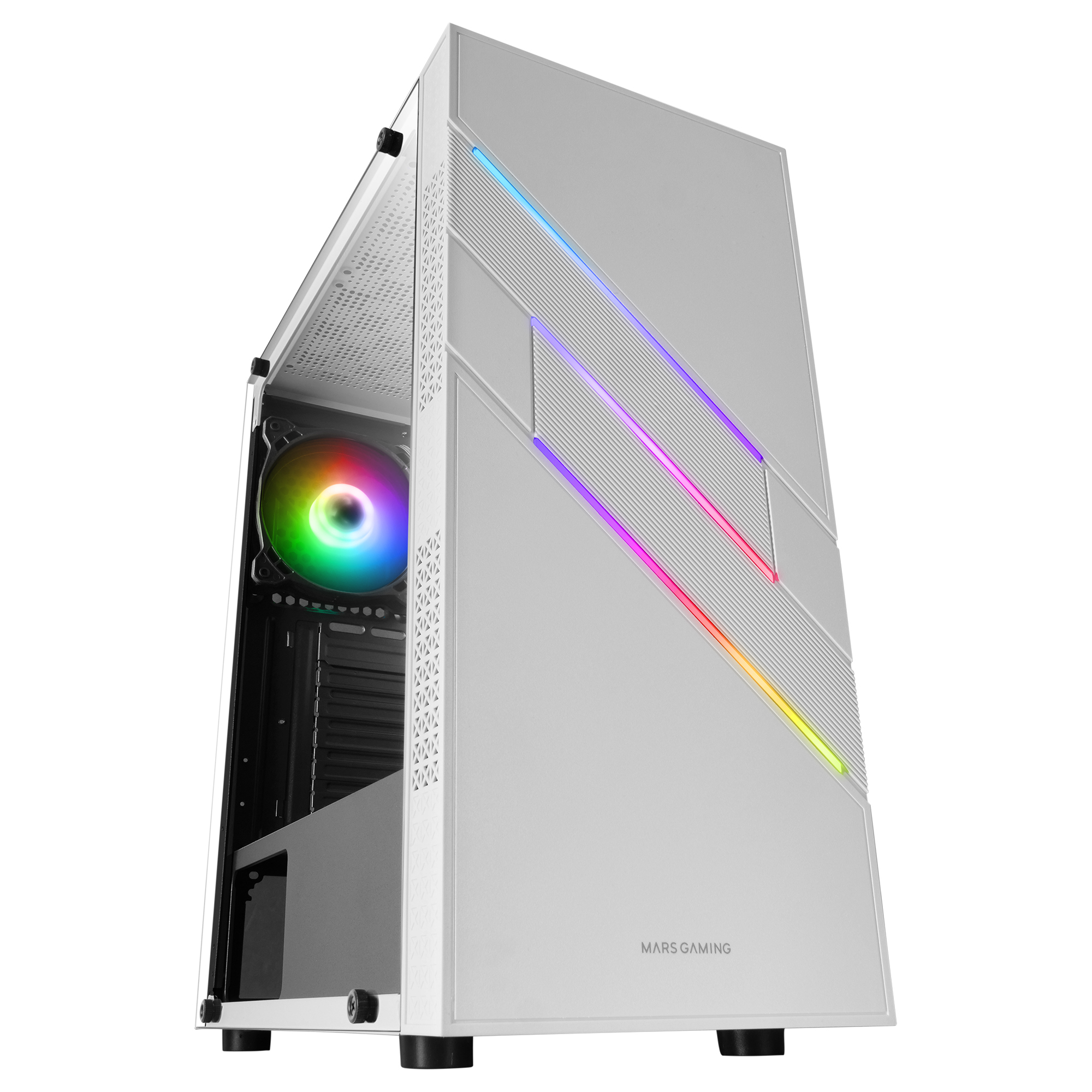 Case PC bianco con illuminazione RGB e design angolare. Logo MARS GAMING sul pannello laterale.