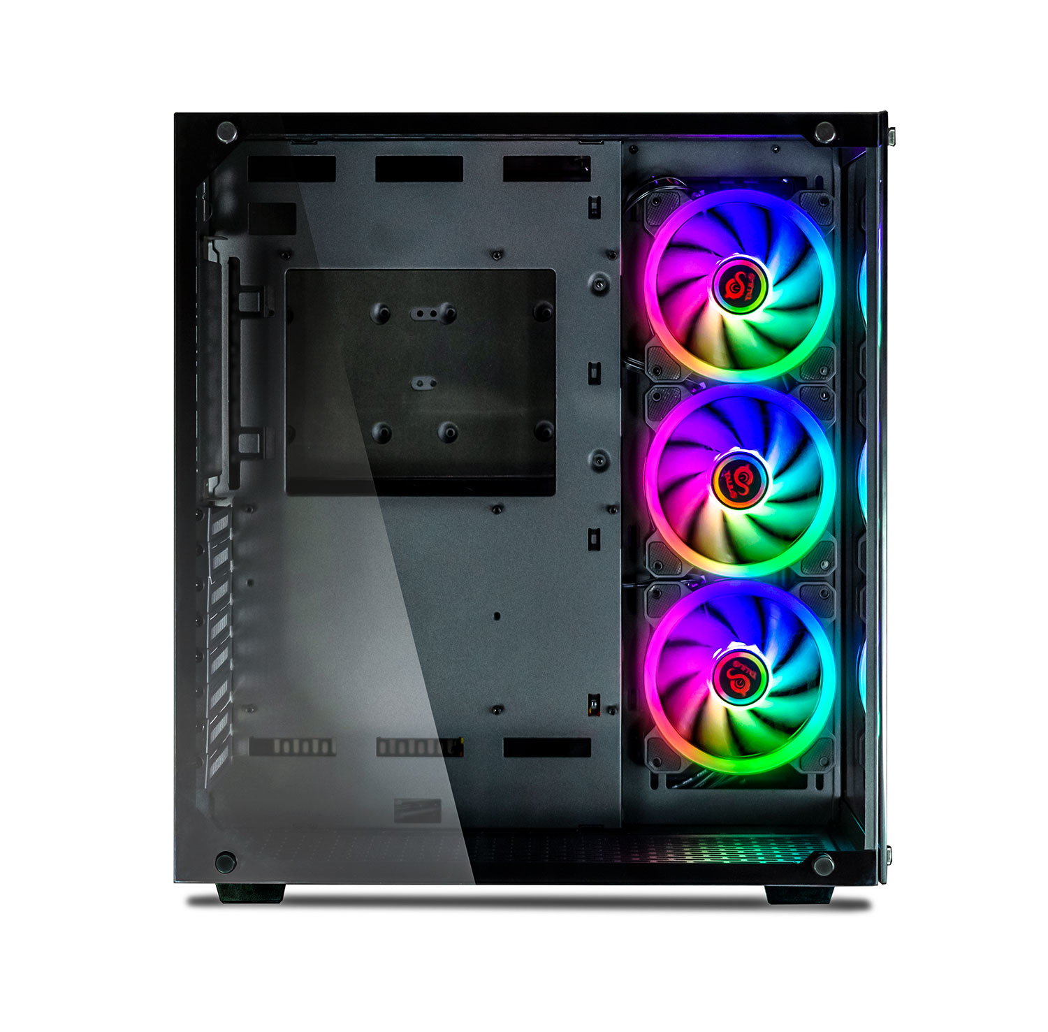 Un case per computer con tre ventole RGB. Il case è aperto, mostrando l'interno.