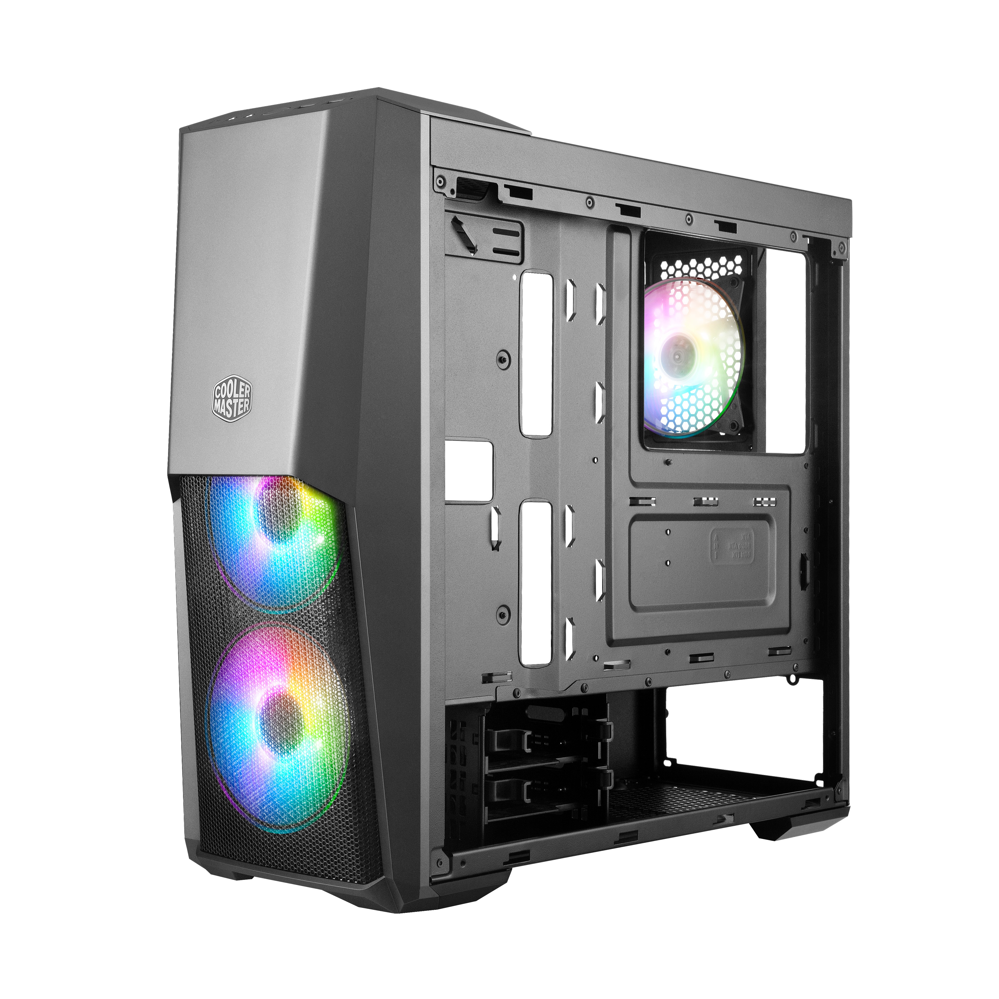 Case per computer nero con ventole RGB, pannello laterale trasparente e logo Cooler Master.