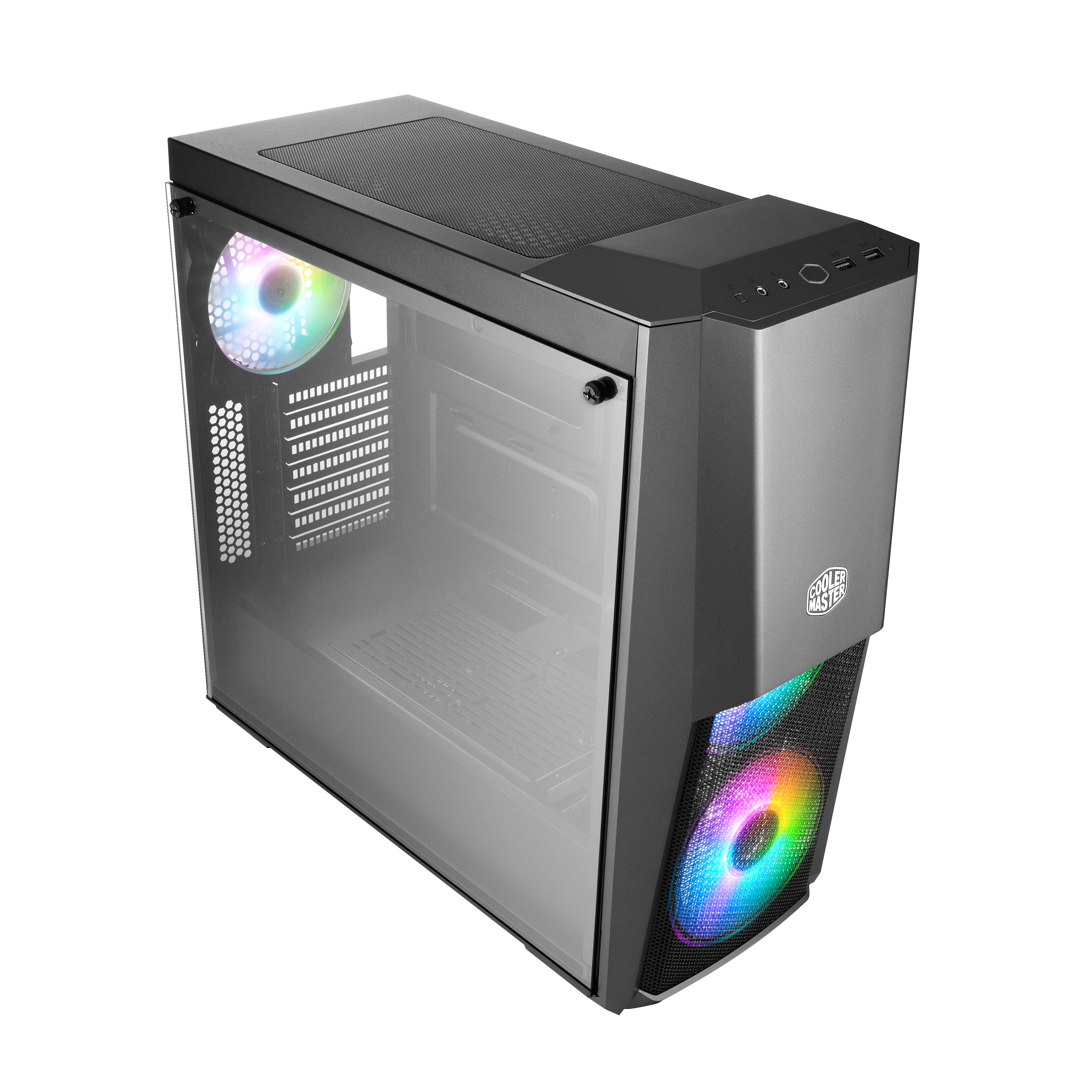 Case PC nero e grigio. Pannello laterale in vetro. Ventole RGB e illuminazione visibili.