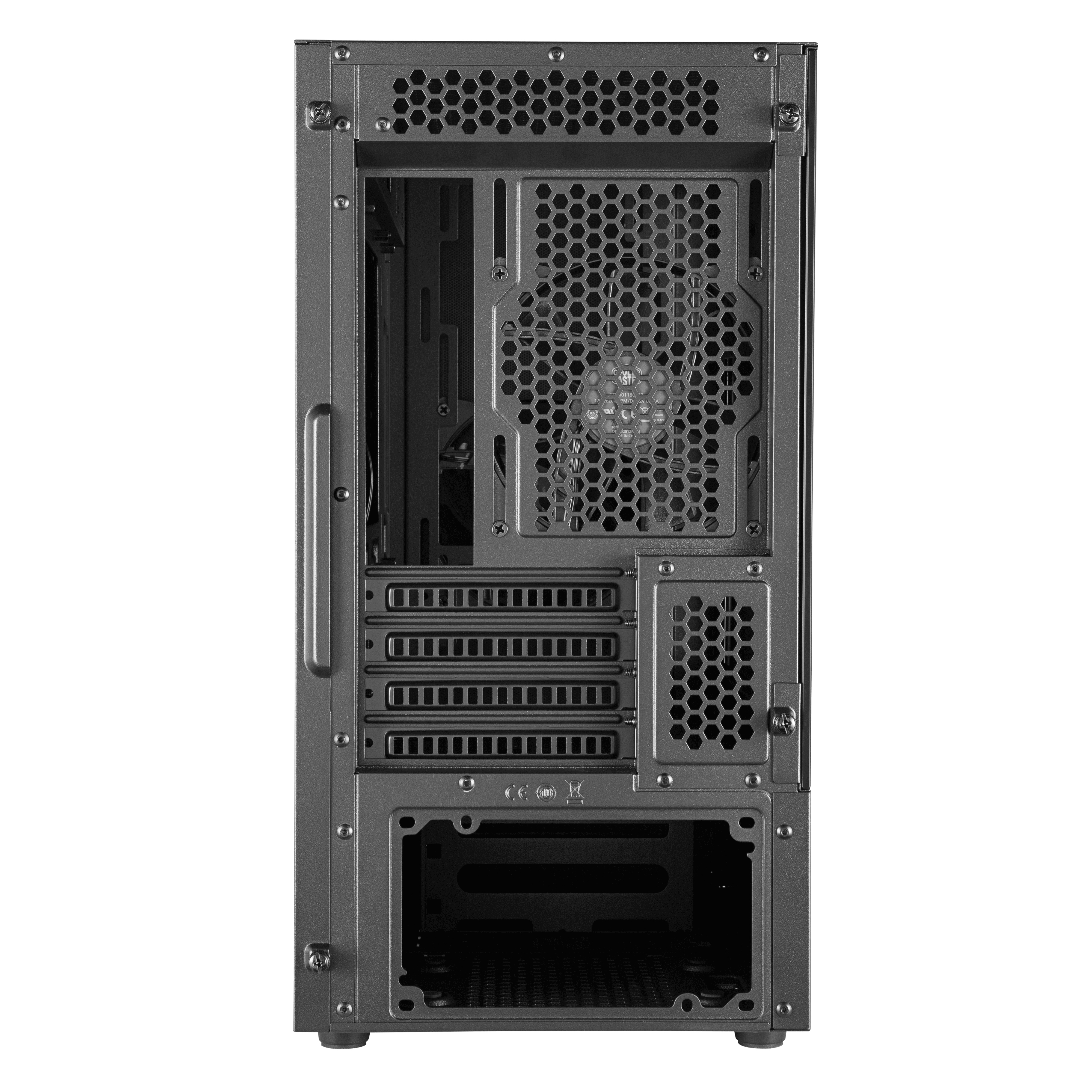 Back of a black computer case with a fan and various slots and cutouts.