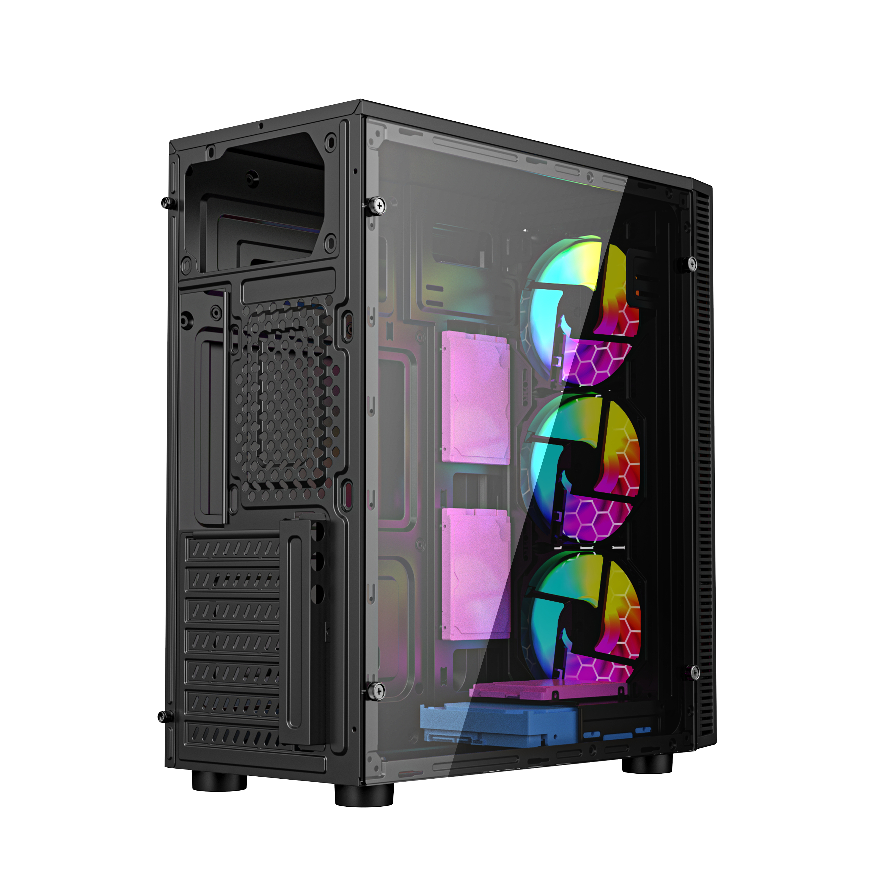 Un case per computer nero con un pannello laterale trasparente. All'interno ci sono ventole e componenti colorati.