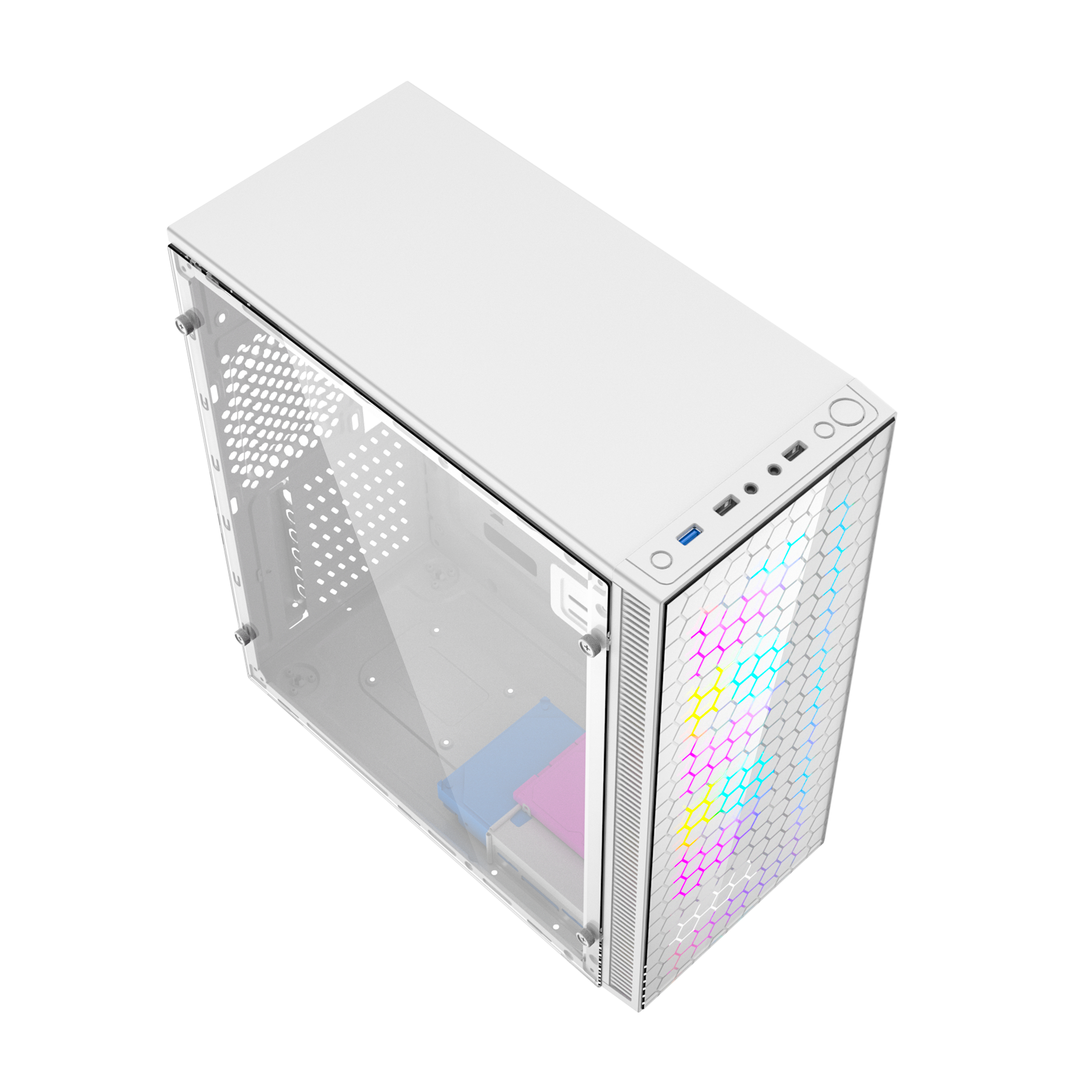 Ein weißes PC-Gehäuse mit einer Glasseitenwand und einer Wabenfront. Das Gehäuse befindet sich auf einem weißen Hintergrund, der sein Design zeigt.
