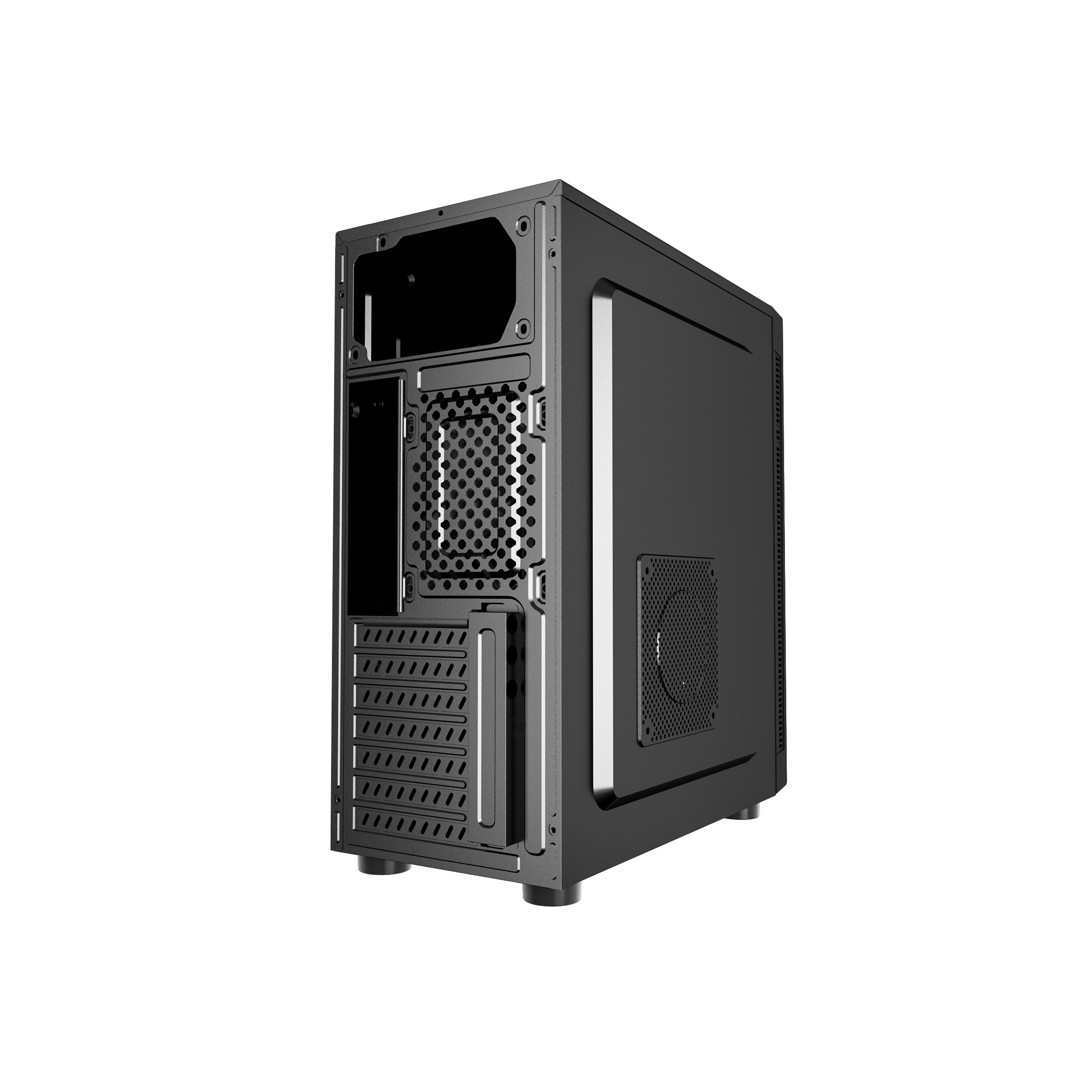 Czarna obudowa komputera z panelem bocznym z wentylatorem i wentylacją.