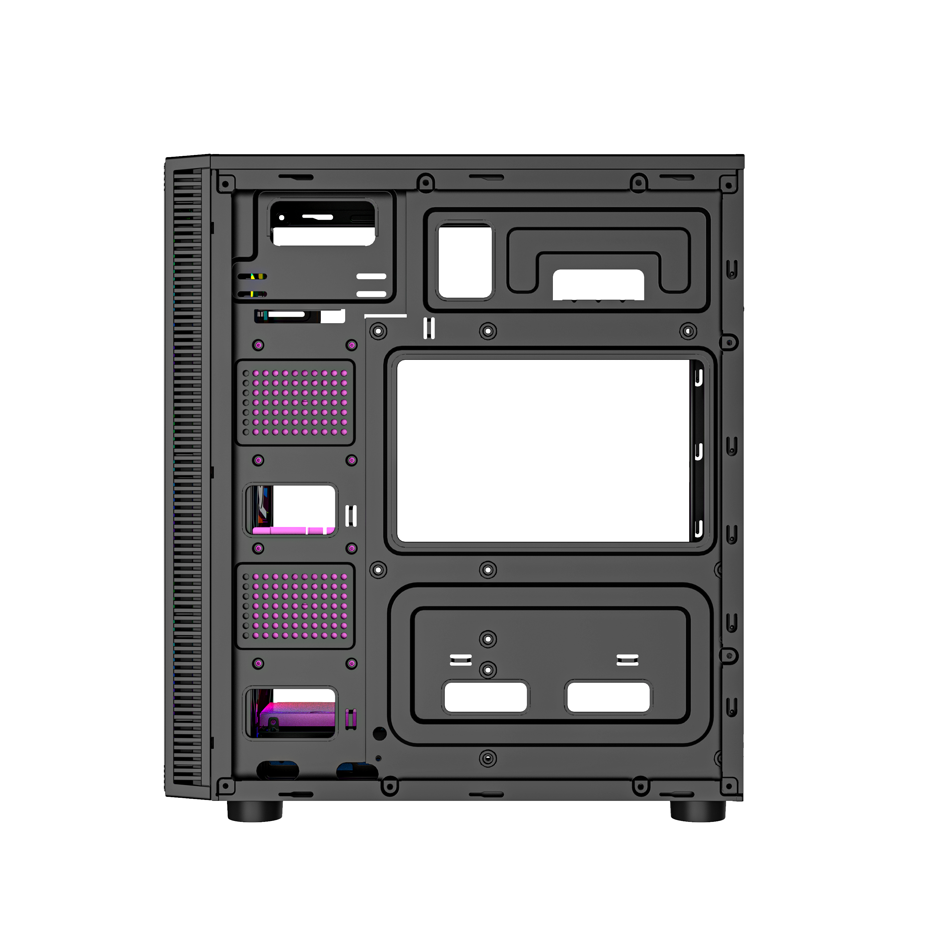 All'interno di un case di computer nero. Il case è aperto, rivelando l'interno.