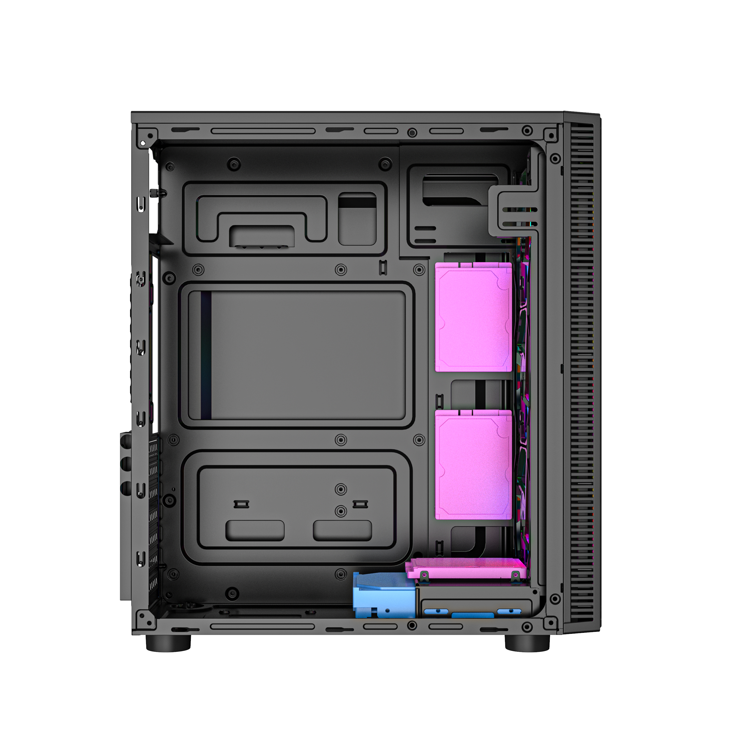 Interno del case del computer con SSD rosa e blu e componenti neri.