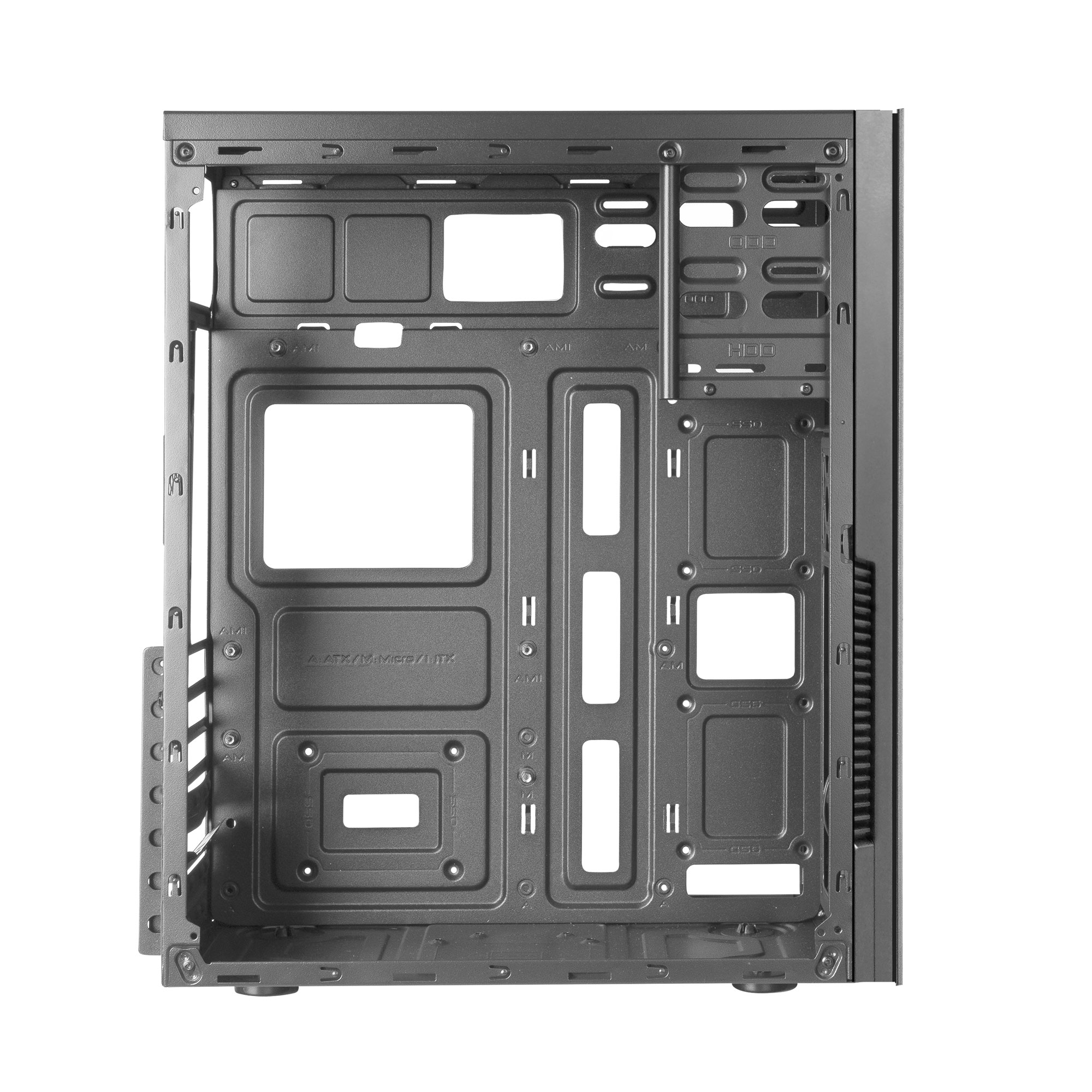Interno del case del computer nero. Ha vari scomparti e punti di montaggio per i componenti.