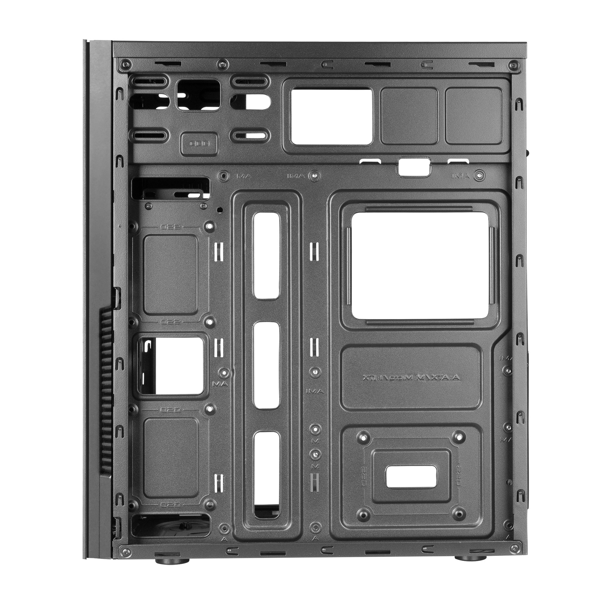 Interno del case del computer, che mostra il telaio di montaggio. Molte aperture.