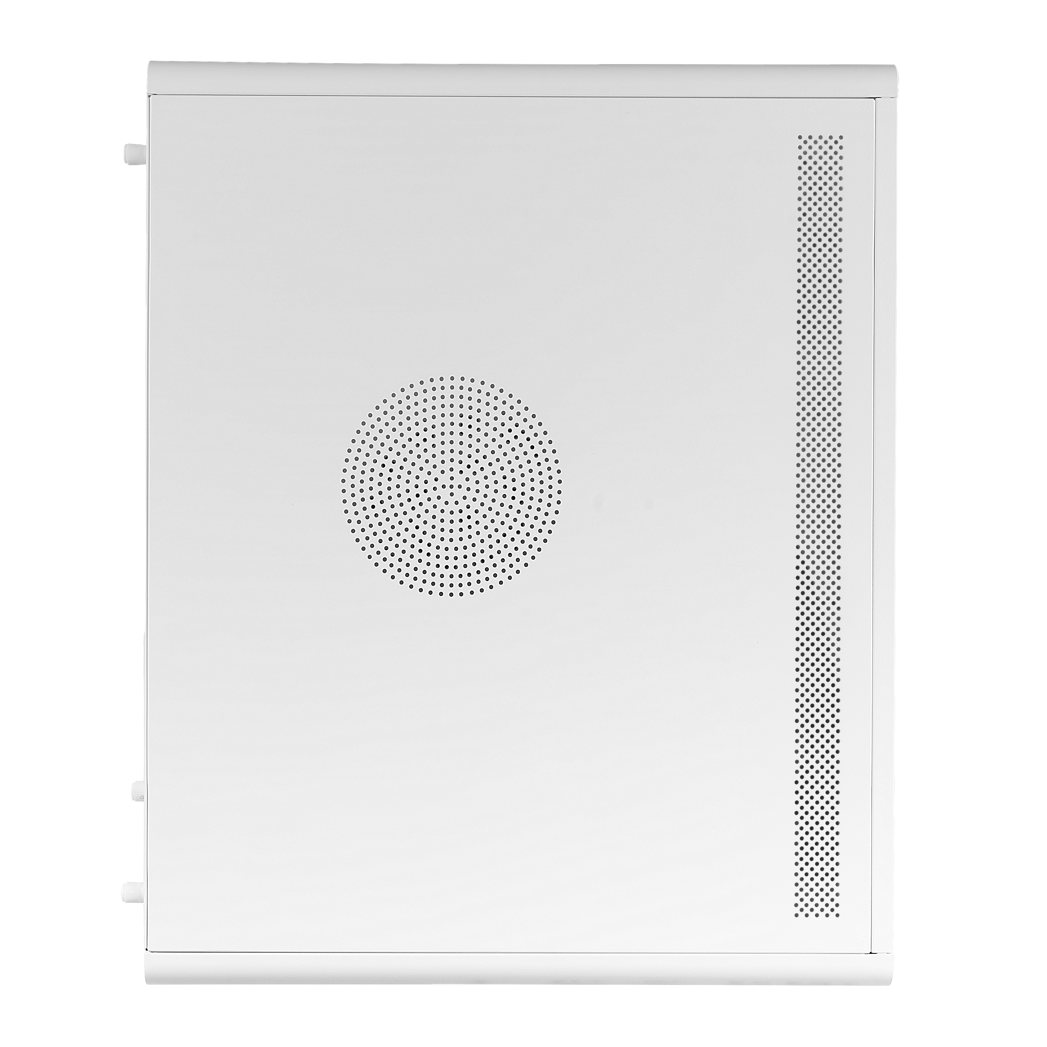 Una vista dall'alto di un case per PC bianco, che mostra una ventola e delle prese d'aria laterali.