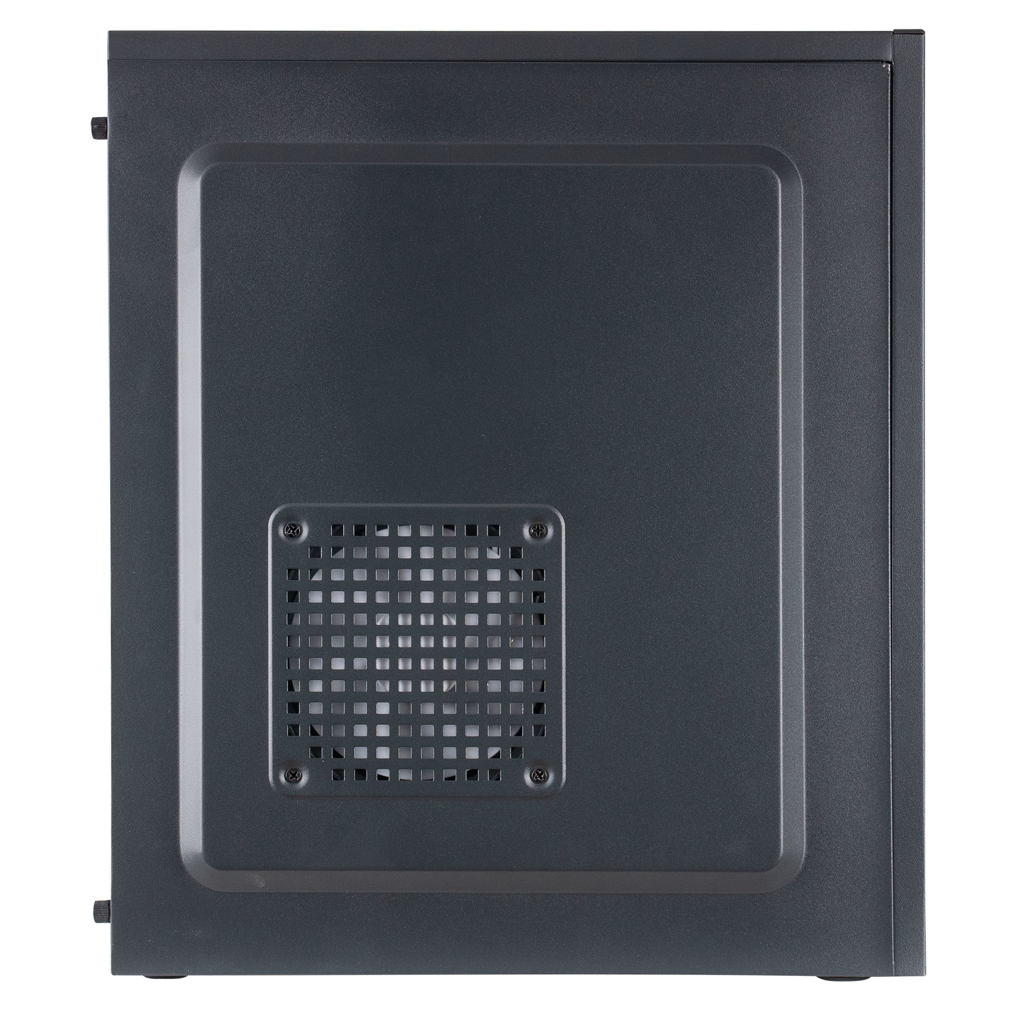 Parte trasera de una caja de ordenador negra, mostrando una ventilación y orificios de montaje.