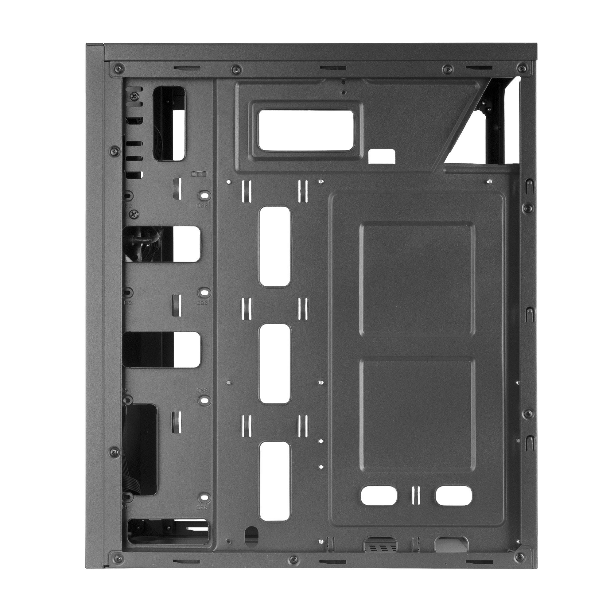 Vista interior de una caja de ordenador. El panel trasero es gris con varias aberturas para componentes.