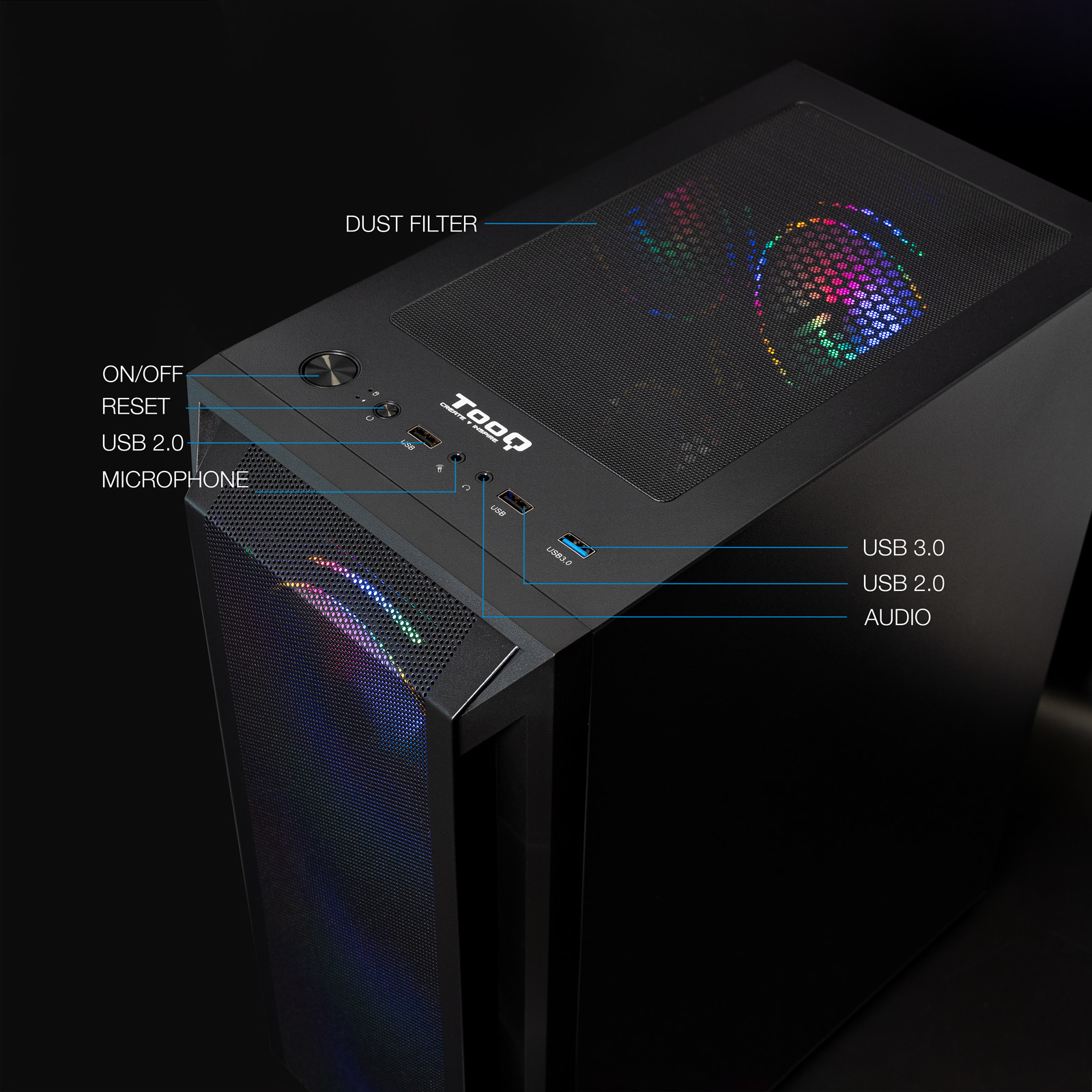 Zwarte computerkast met labels voor USB, audio, reset en aan/uit-knoppen.