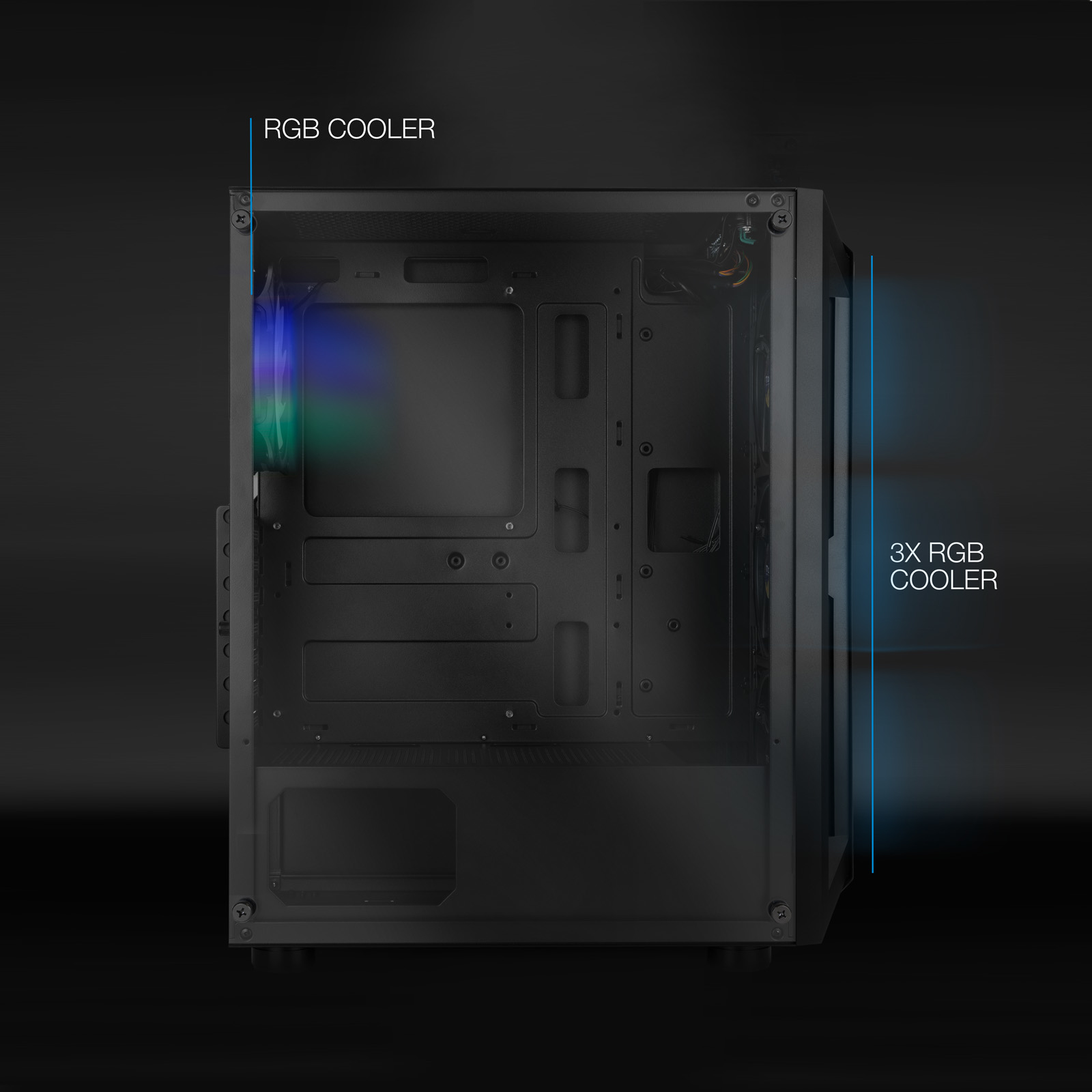 Pc-behuizing met interieur, met RGB-koeler en ventilatoren zichtbaar, op een donkere achtergrond.