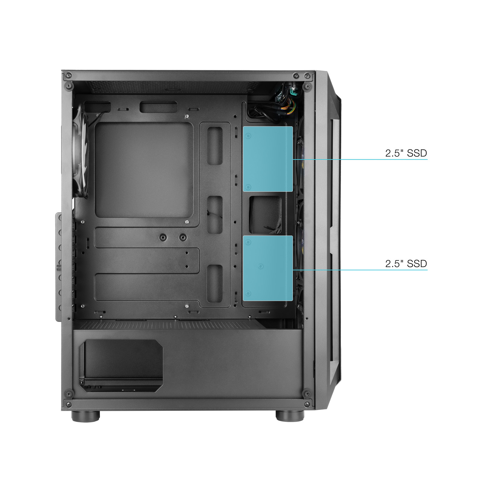 Binnenkant computerkast, zwart, met schijfposities met twee blauwe SSD's geïnstalleerd.