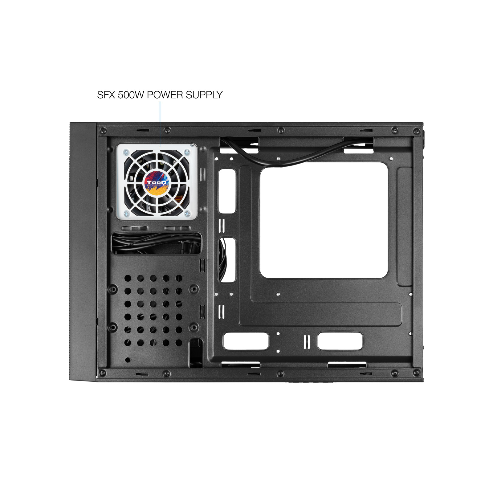All'interno di un case PC, è visibile un alimentatore. È etichettato 'SFX 500W POWER SUPPLY' e ha una ventola.