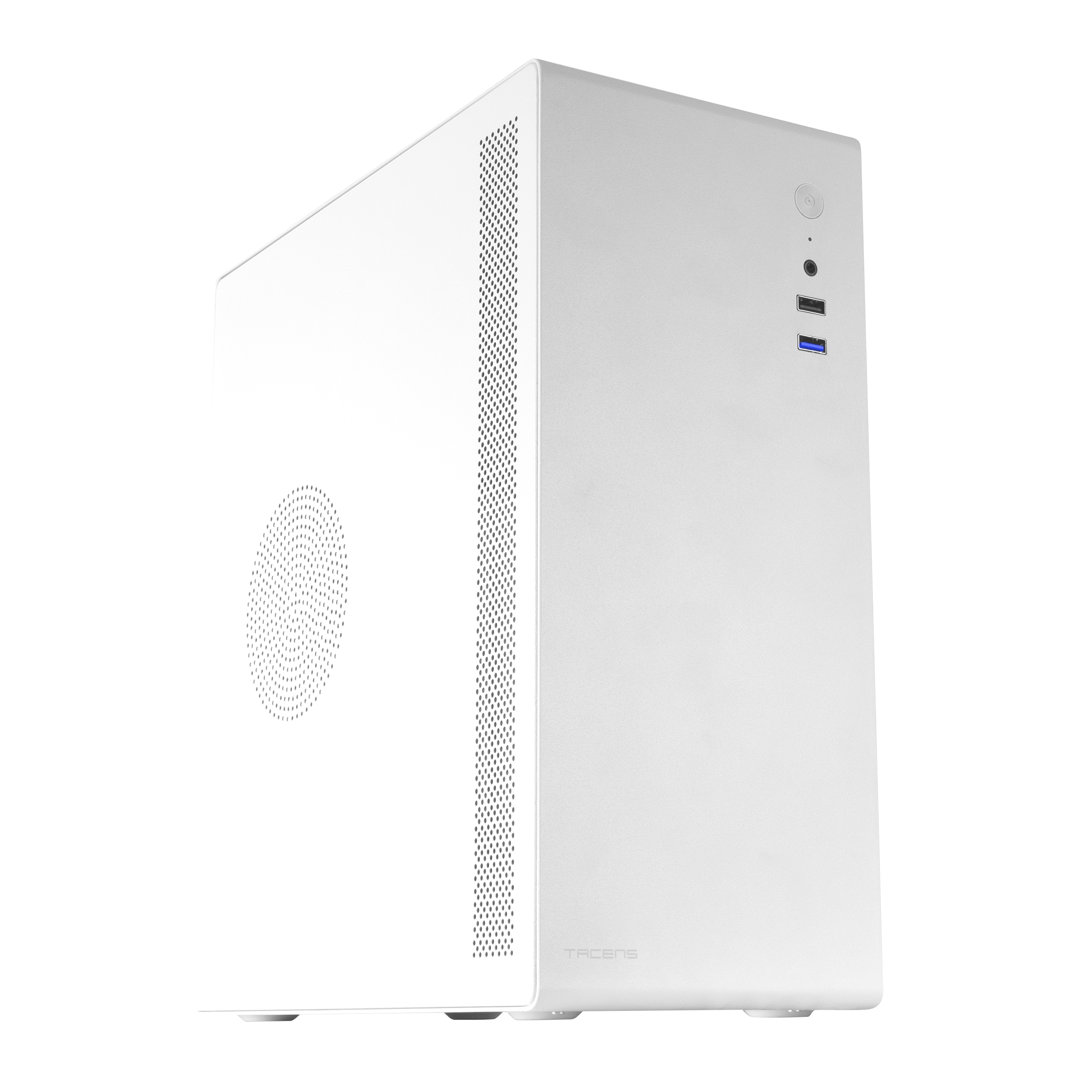 Case per computer bianco con sfiato circolare e diverse porte USB.