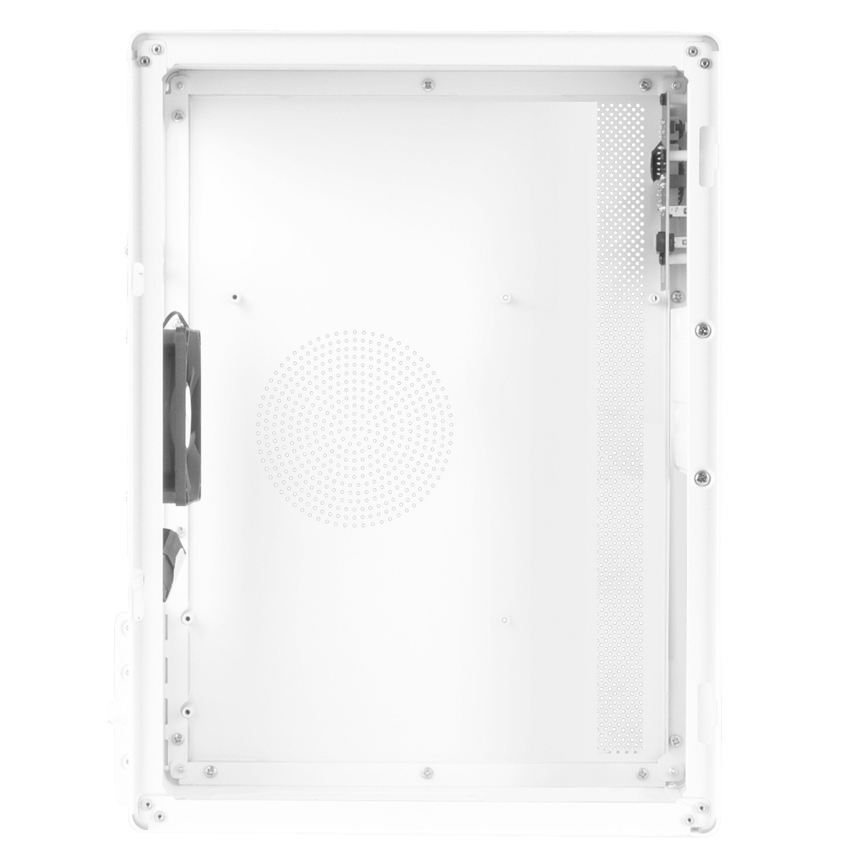 Interno di un case per computer bianco, che mostra l'interno vuoto con punti di montaggio e una ventola.