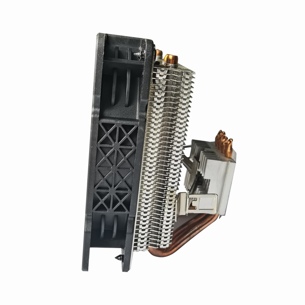 Computer CPU cooler, side view, black fan, silver fins, isolated on white.