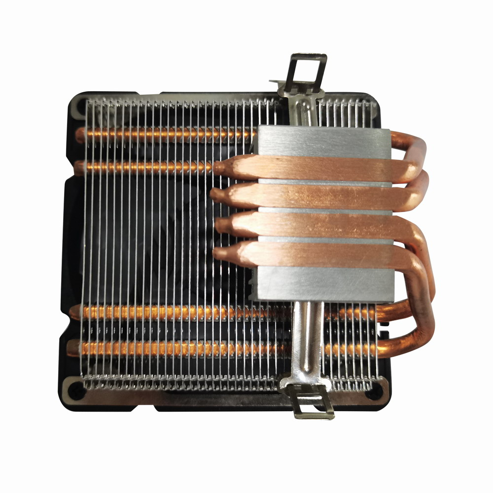 Close-up of a computer cooler. Shows copper pipes and a metal heat sink.