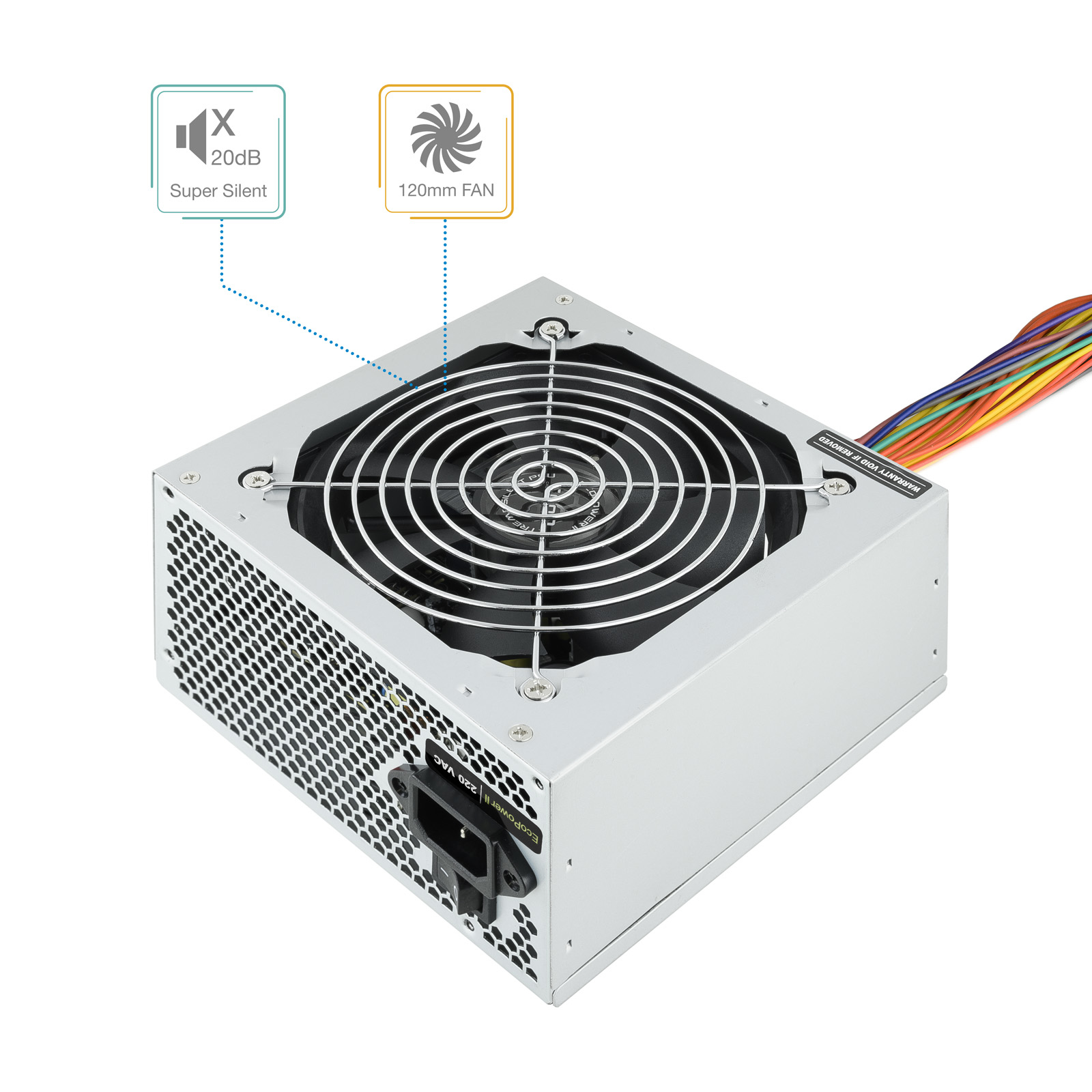 Una fuente de alimentación de PC con un ventilador y etiquetas, con indicadores de texto.