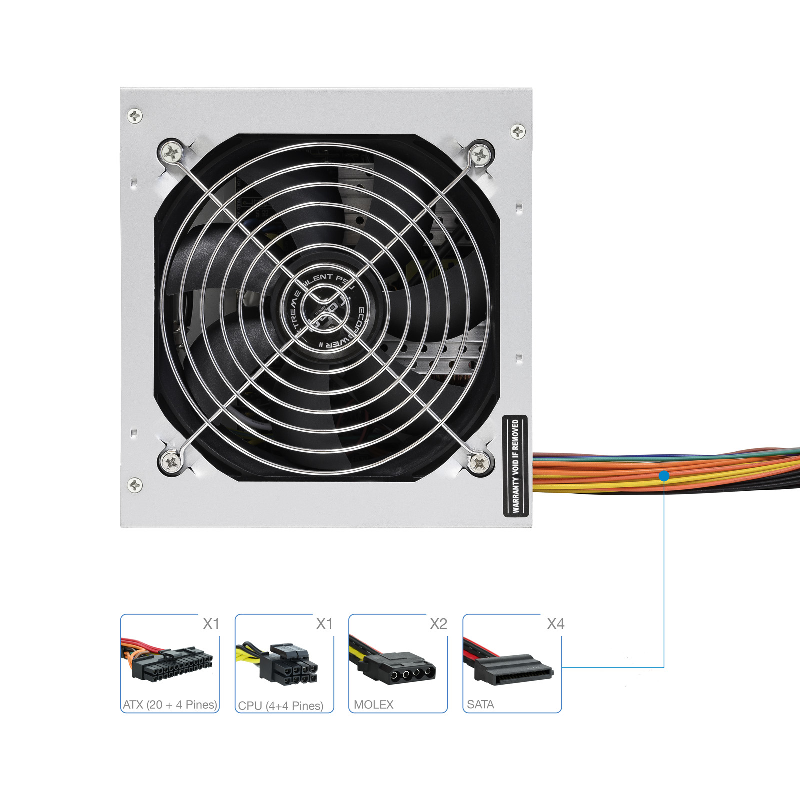 Una fuente de alimentación de computadora plateada con un ventilador y varios conectores de cable. Varios cables están presentes.