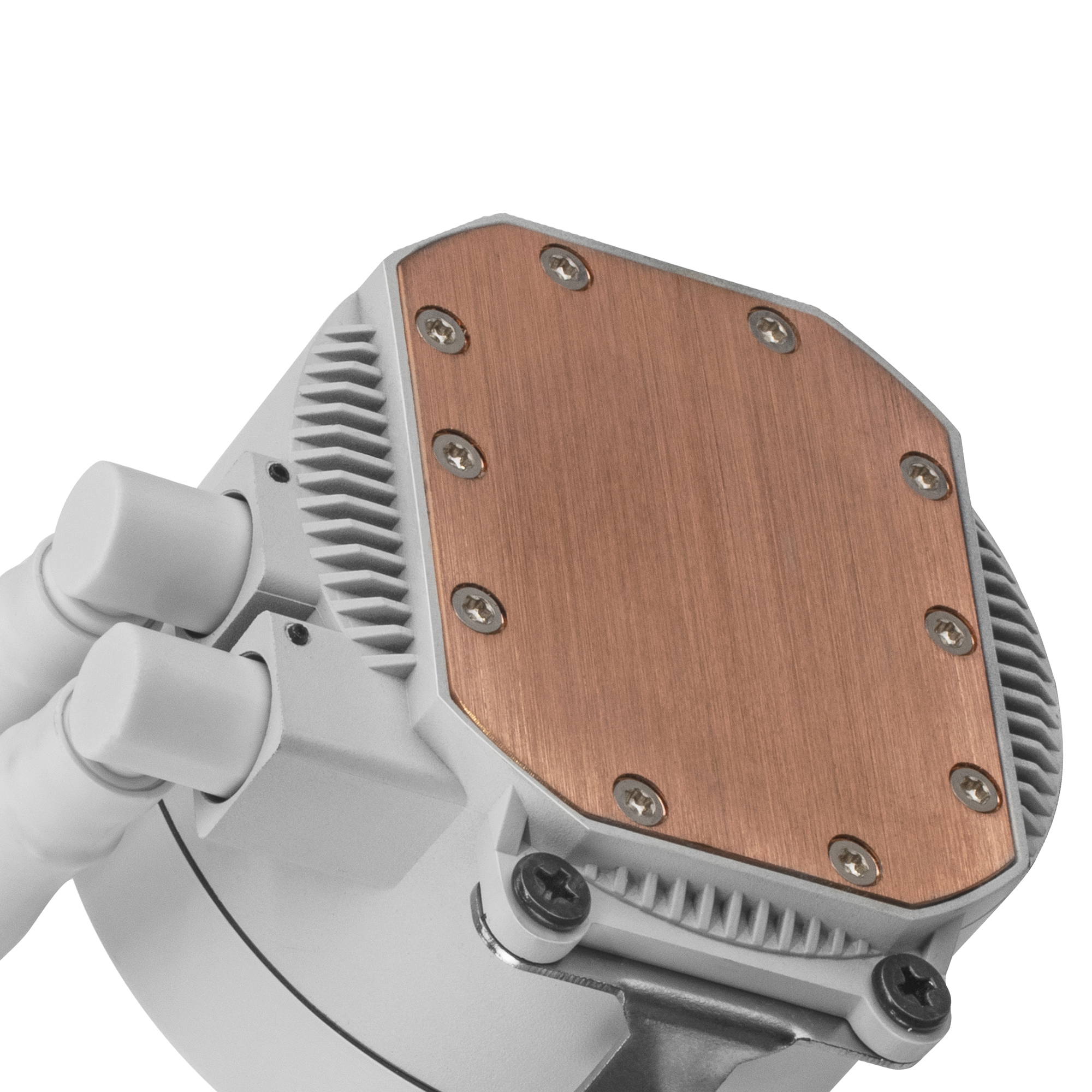 Blok wodny chłodnicy cieczą, z miedzią i śrubami, biała ramka.