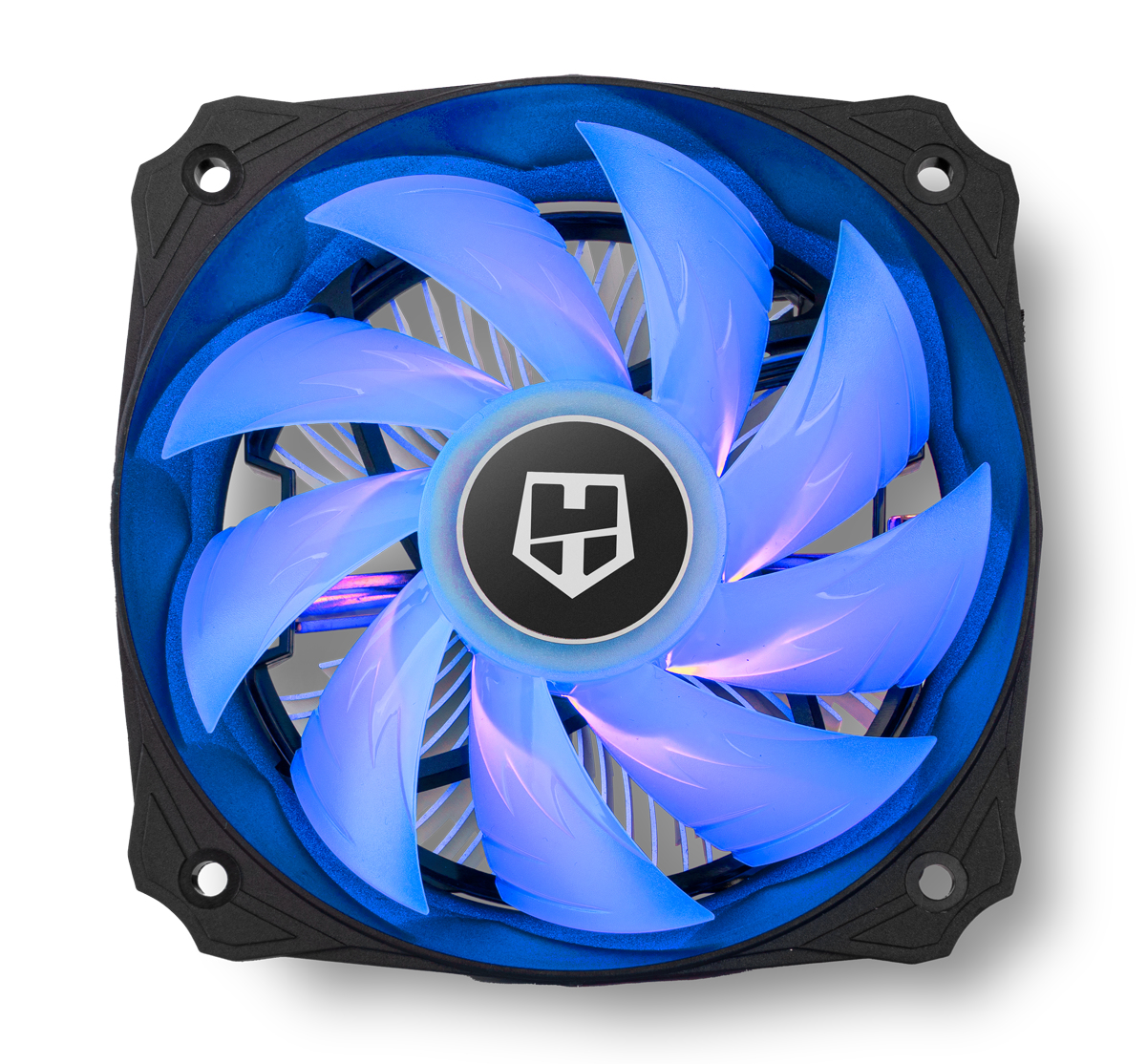 Wentylator komputerowy z niebieskimi światłami LED. Okrągły design z czarną ramką. Białe tło.