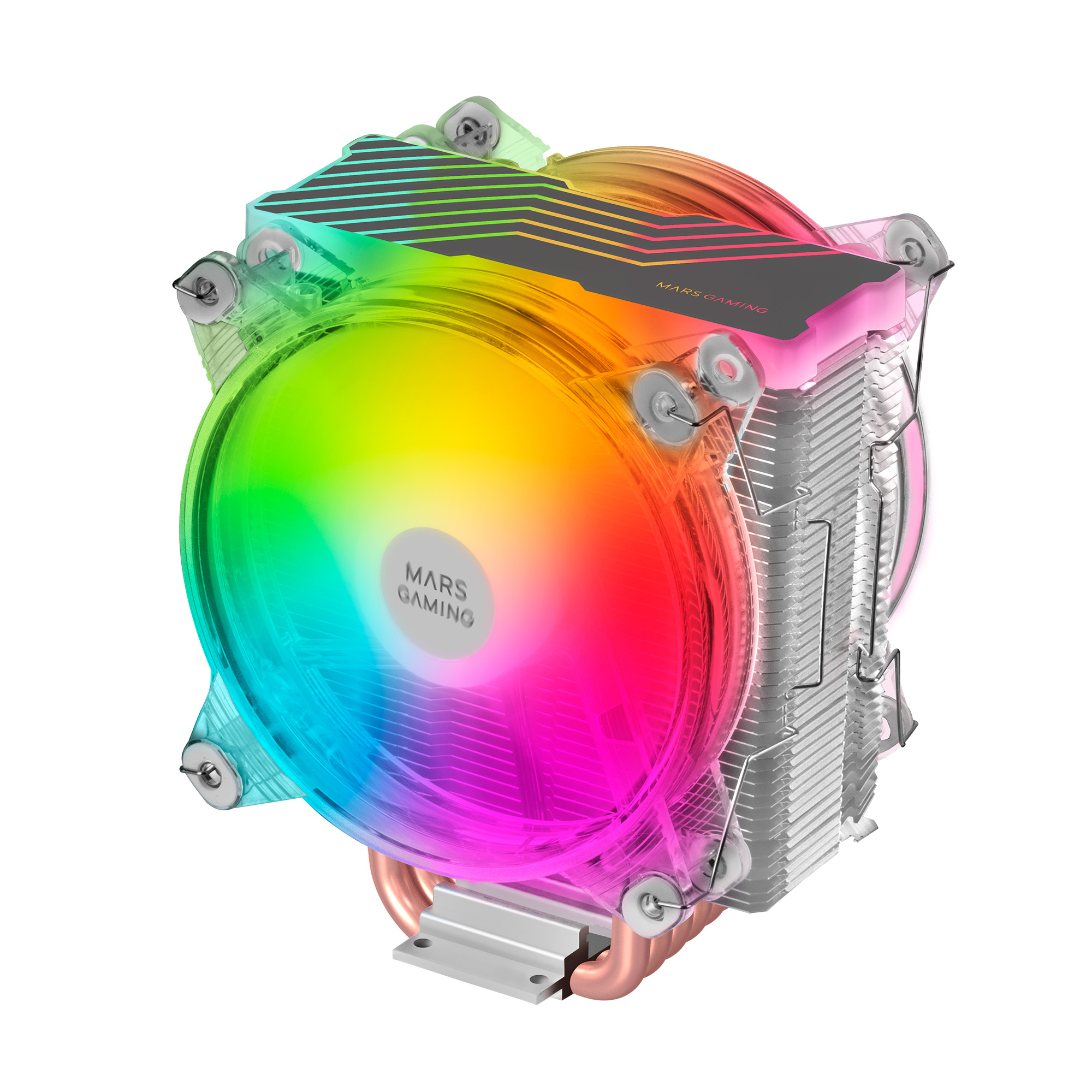 Enfriador de PC con ventilador colorido. Se ven un disipador de metal y tubos de cobre.