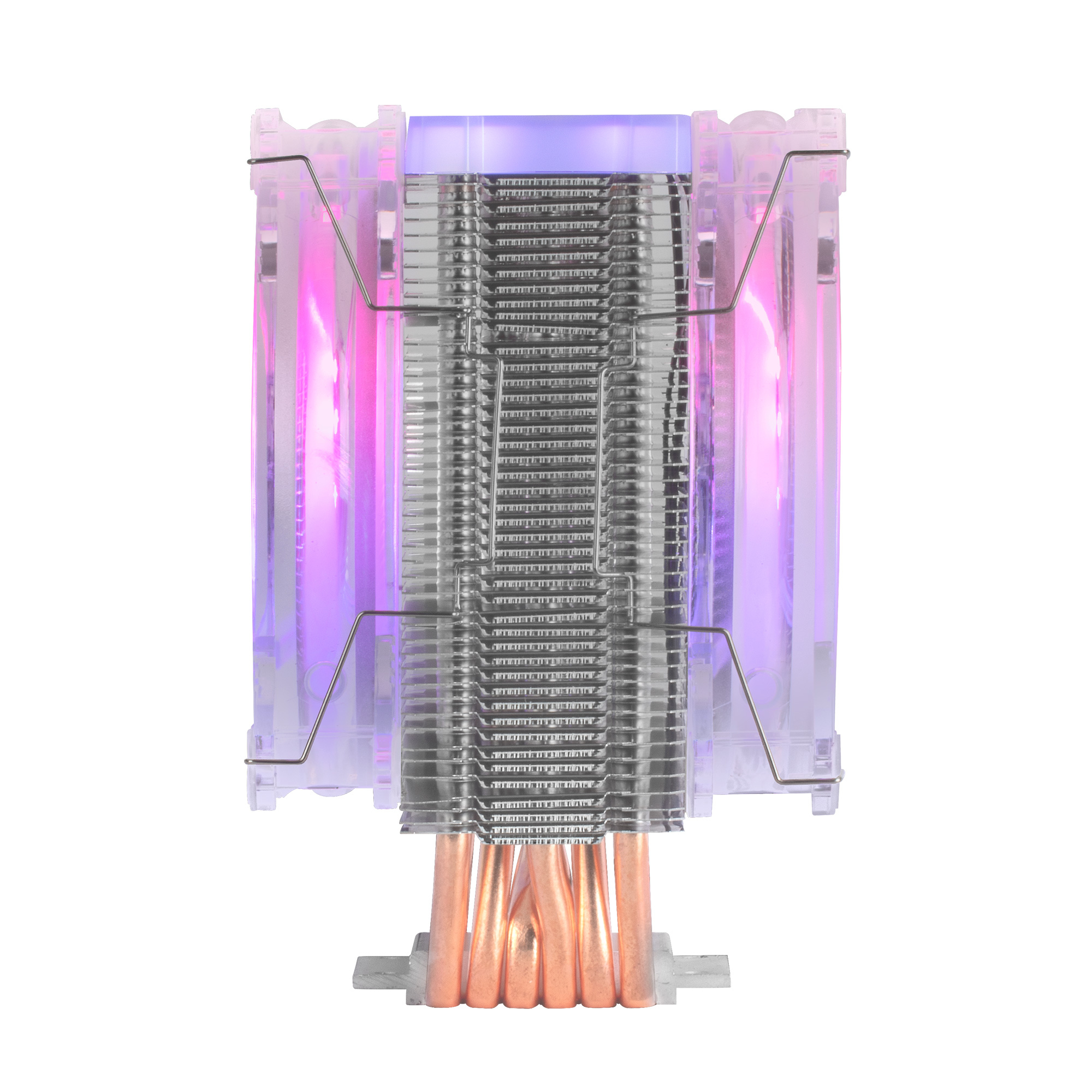 Enfriador de CPU con tubos de cobre y aletas. Iluminación rosa y morada emitida por los ventiladores.