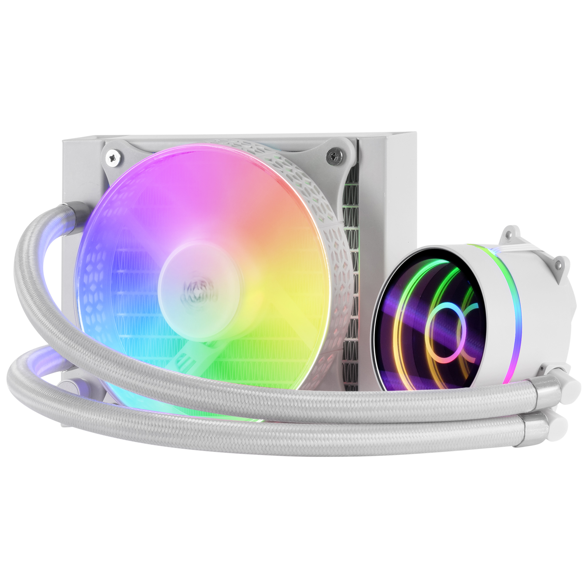 Weißer Flüssigkeitskühler mit RGB-Beleuchtung an Lüftern und Pumpe.