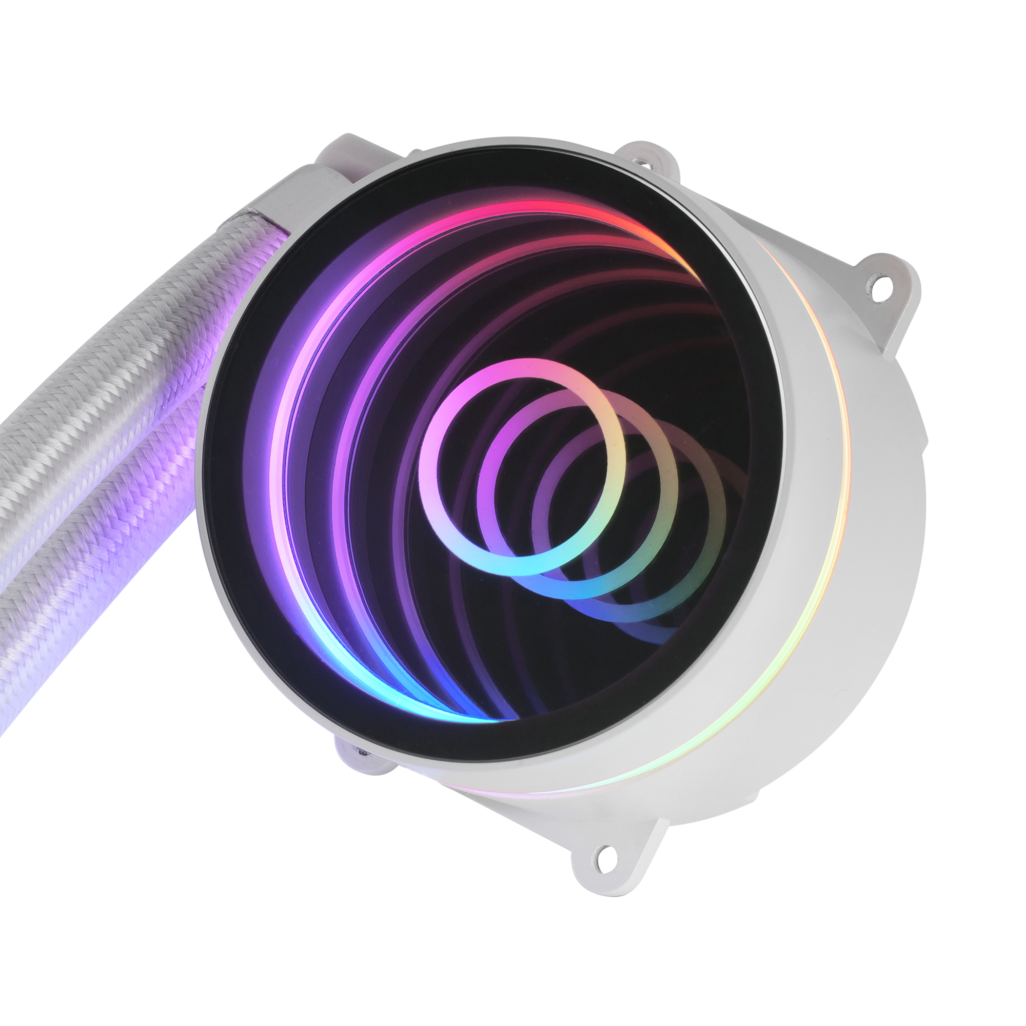 Weißer Flüssigkeitskühler mit farbenfrohen LED-Lichtern. Er ist für die Computerkühlung konzipiert.