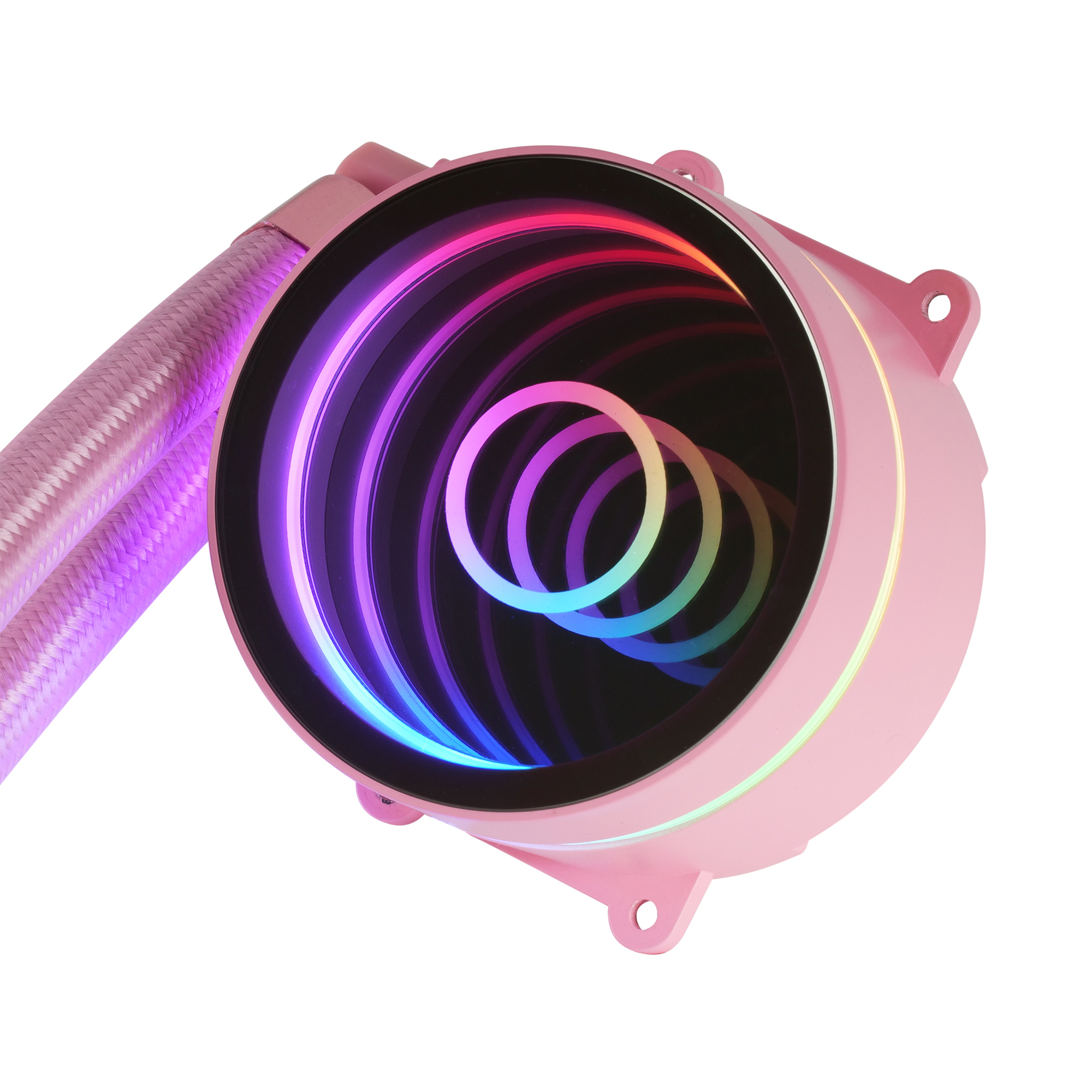 Dissipatore CPU rosa con anello LED multicolore, tubi e sfondo bianco.