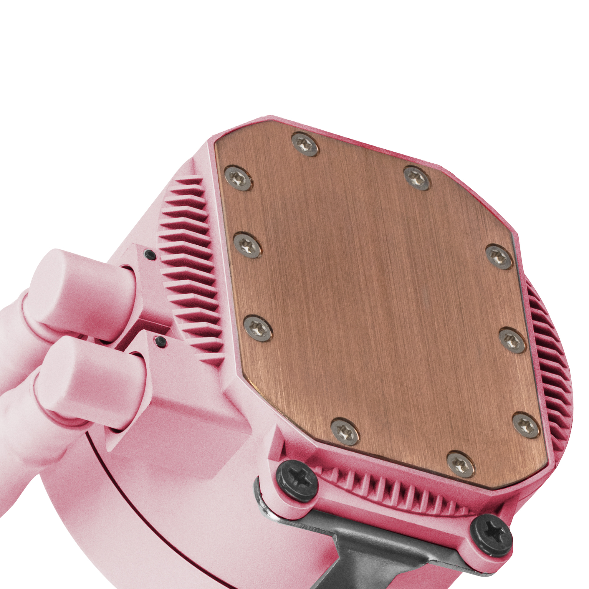 Water block rosa per un computer. Ha placcatura in rame e viti. Il blocco è rosa.