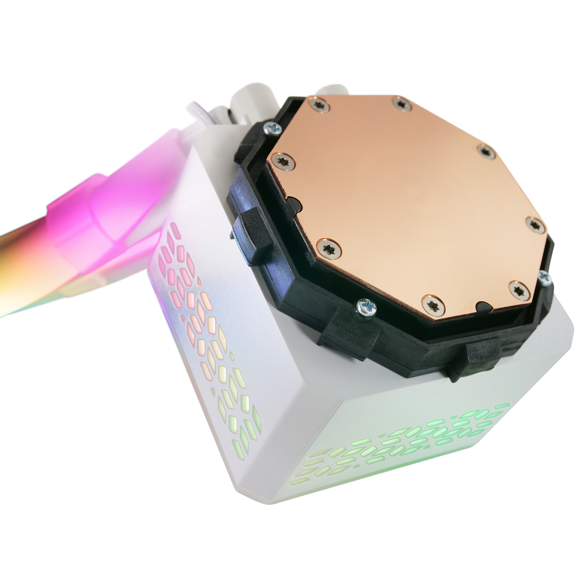 Biała chłodnica cieczy z miedzianą górą. Oświetlenie RGB z boku i na wentylatorze.