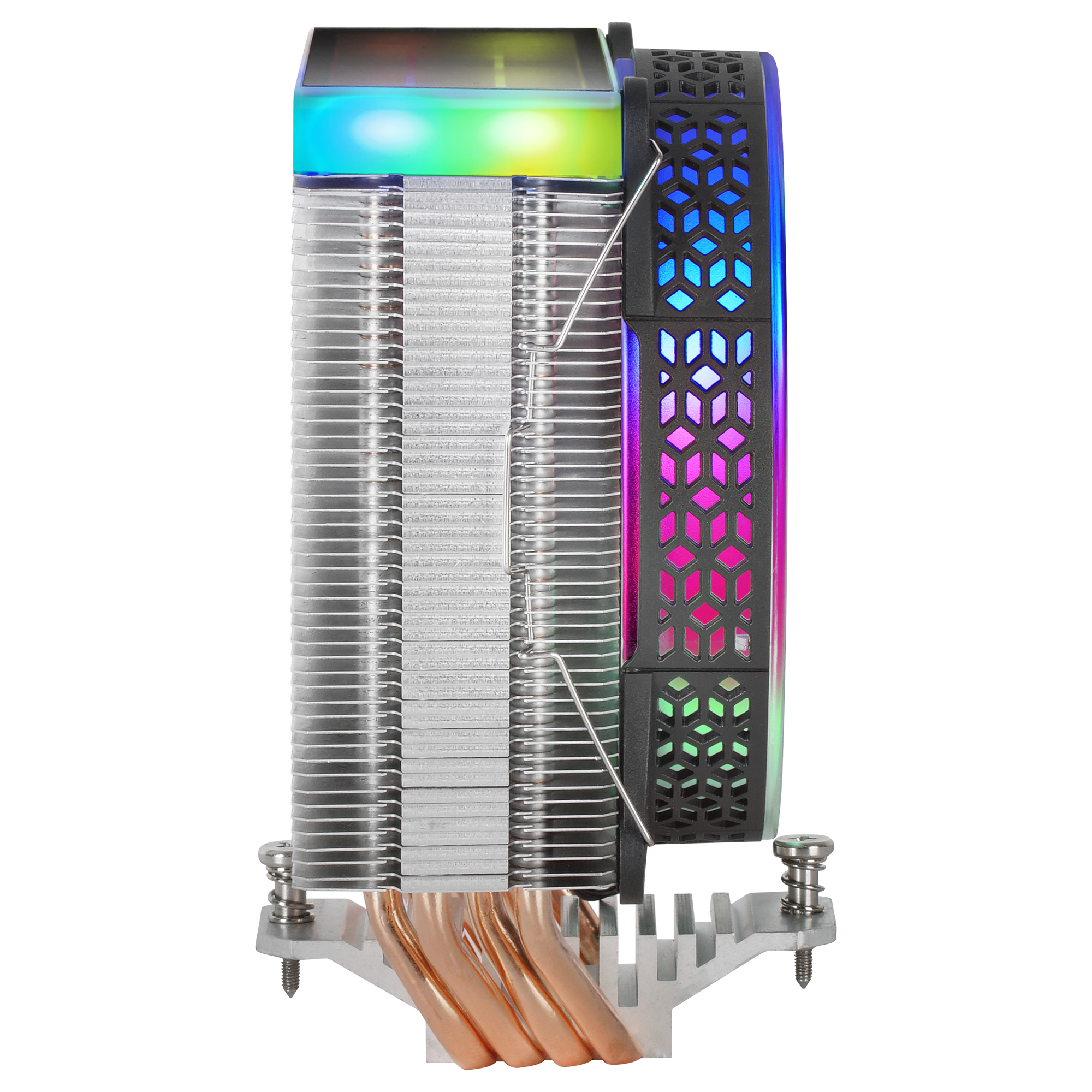 Chłodzenie CPU z srebrnymi żeberkami, miedzianymi rurkami i kolorowym wentylatorem LED.
