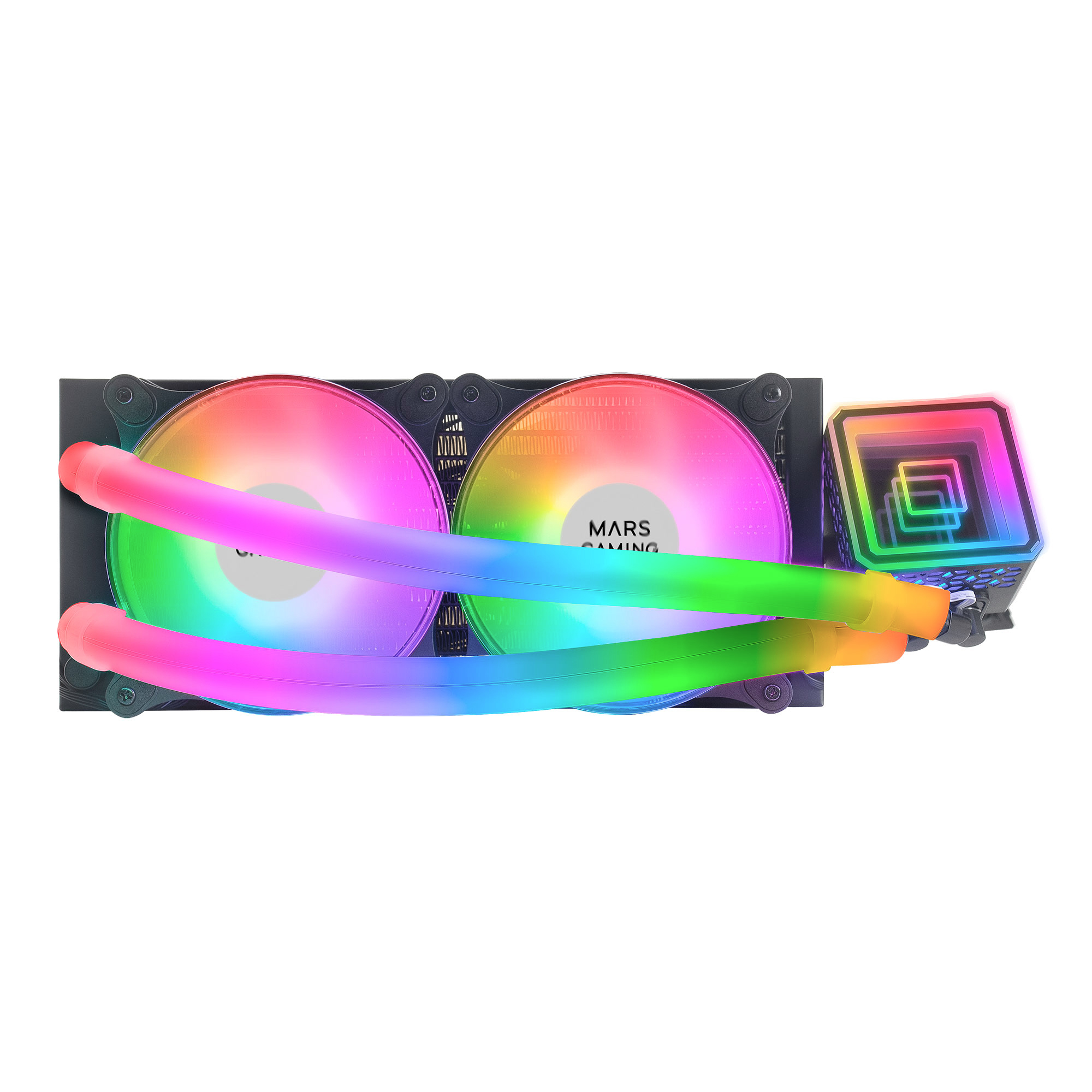 Sistema di raffreddamento a liquido RGB con due ventole e tubi colorati.