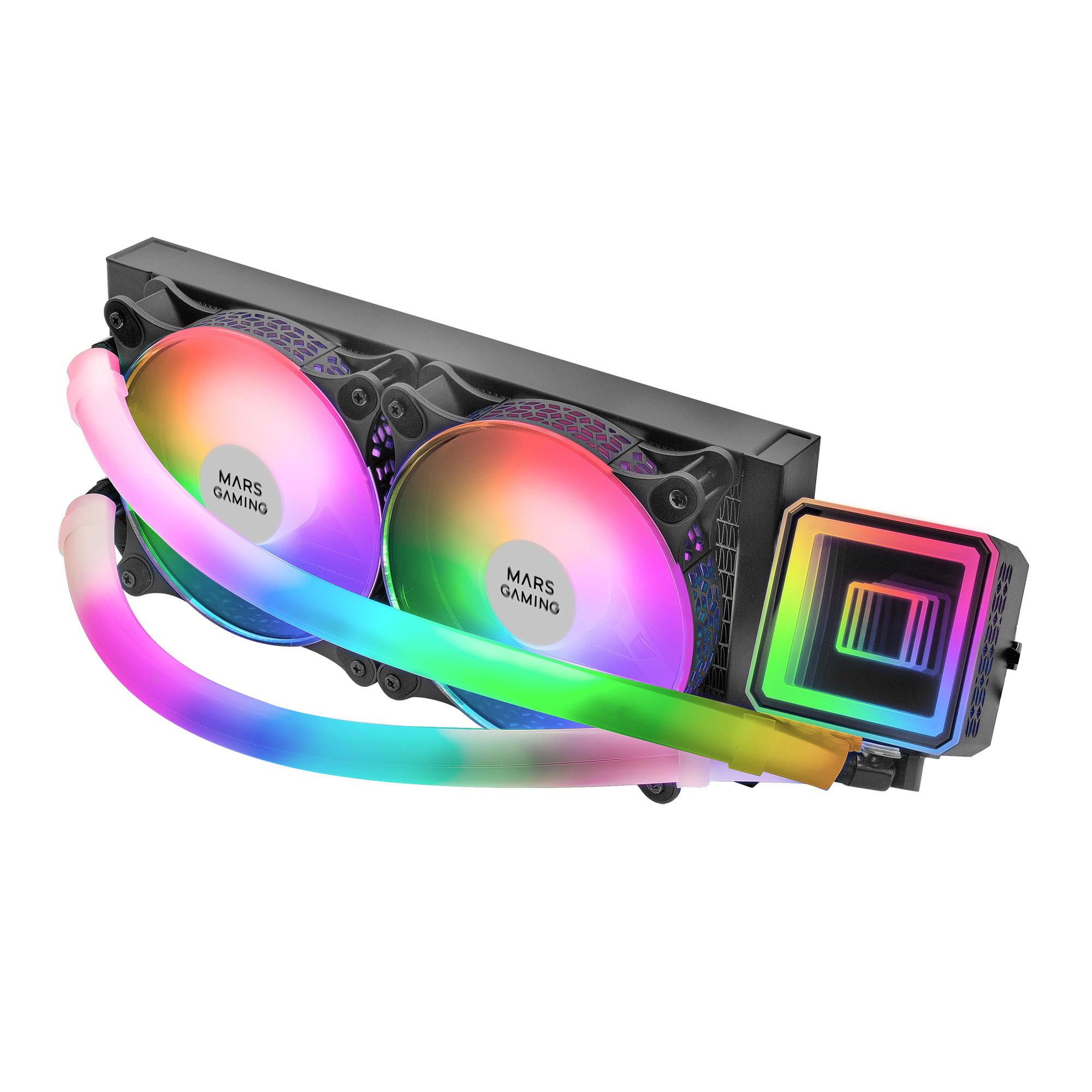 Dissipatore CPU nero con due ventole, luci colorate e tubi neri.