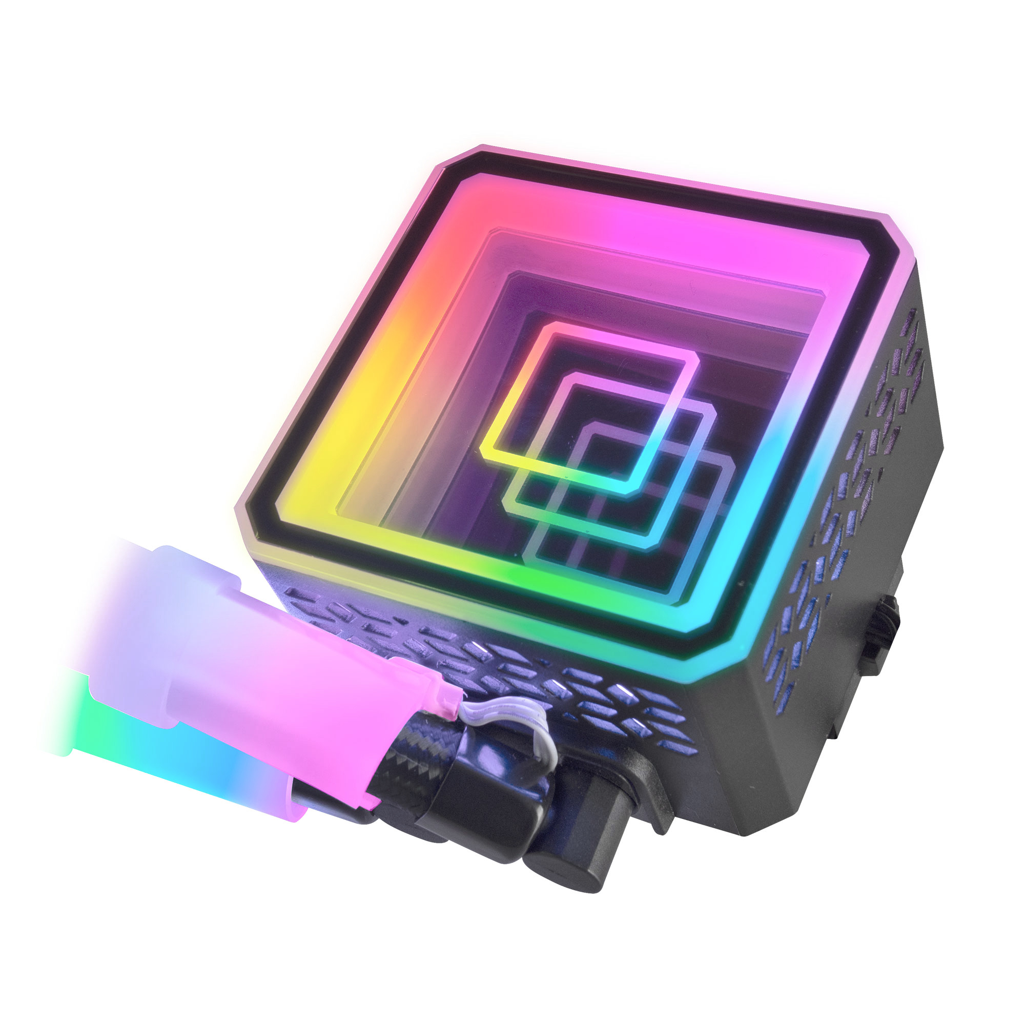Pompa di raffreddamento a liquido RGB. Presenta effetti di luce colorati.