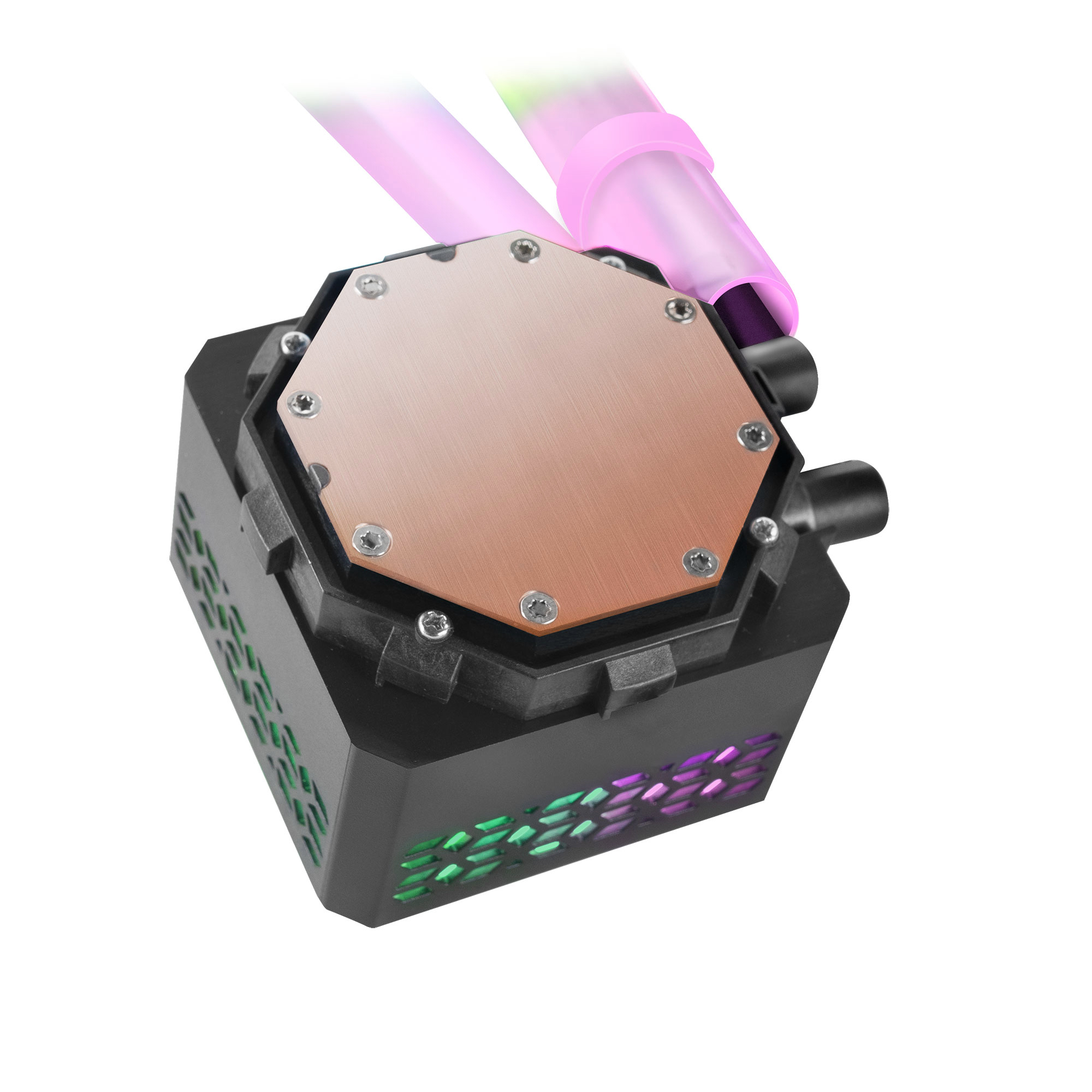 Dissipatore ad acqua per CPU nero e rame con tubi rosa.