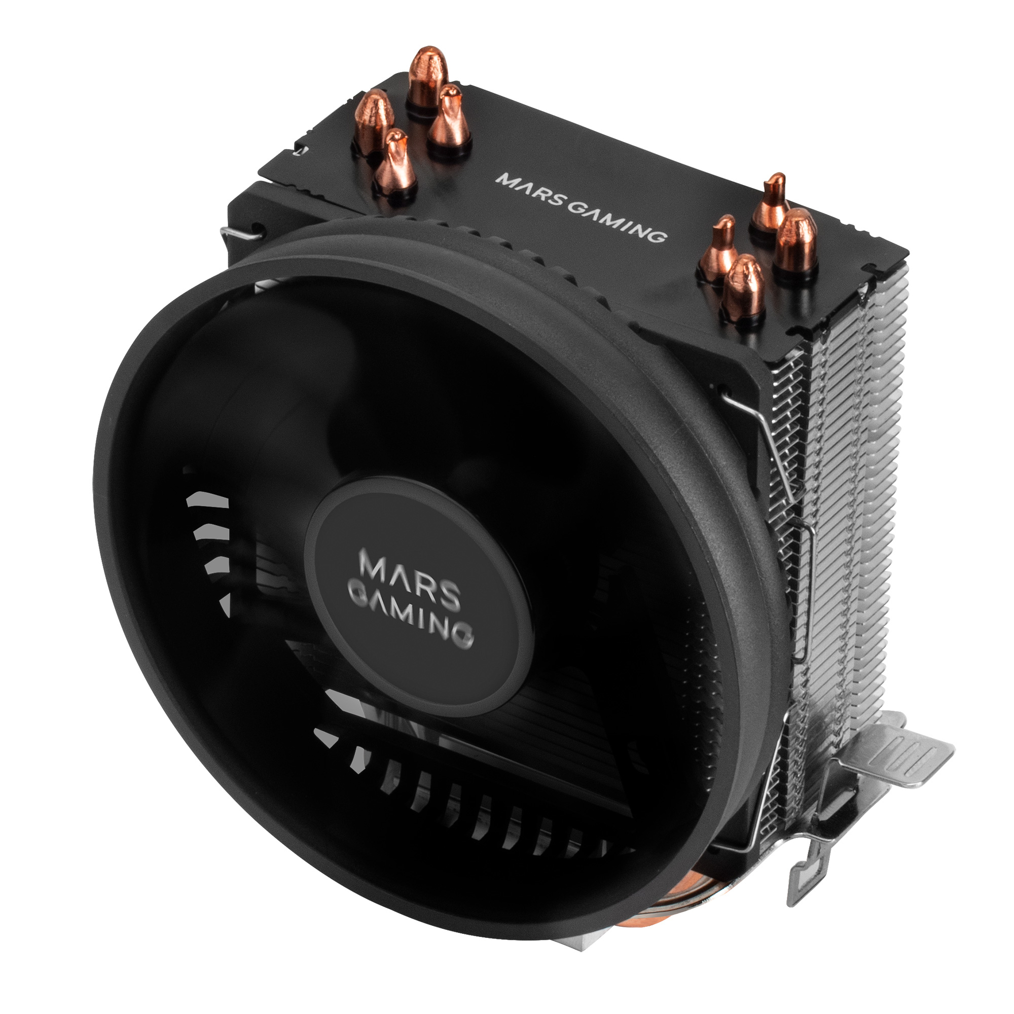 Un enfriador de CPU Mars Gaming con ventilador y disipador de calor negros, visto desde un ángulo.