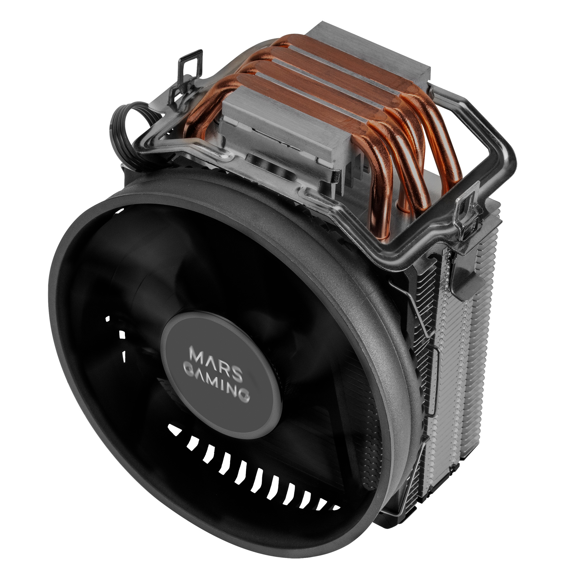 Enfriador de CPU Mars Gaming negro con ventilador, heat pipes y aletas, aislado sobre blanco.